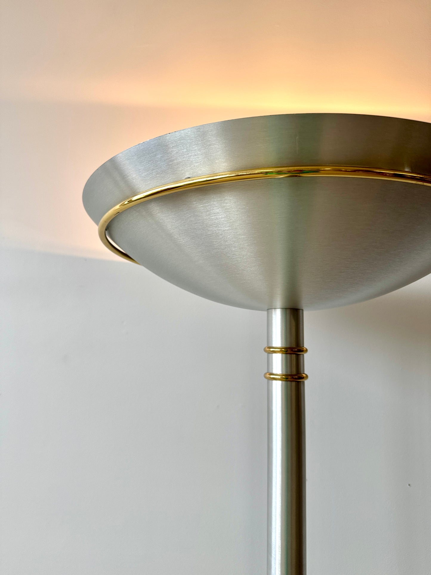 Vintage Postmodern Brushed Aluminum and Brass Torchiere Floor Lamp