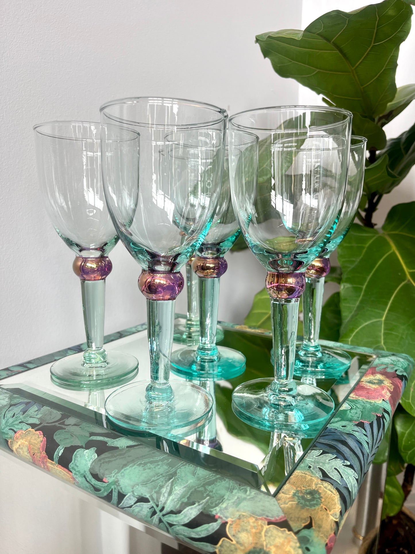 Postmodern Handblown Aqua and Iridescent Purple Wine Glasses