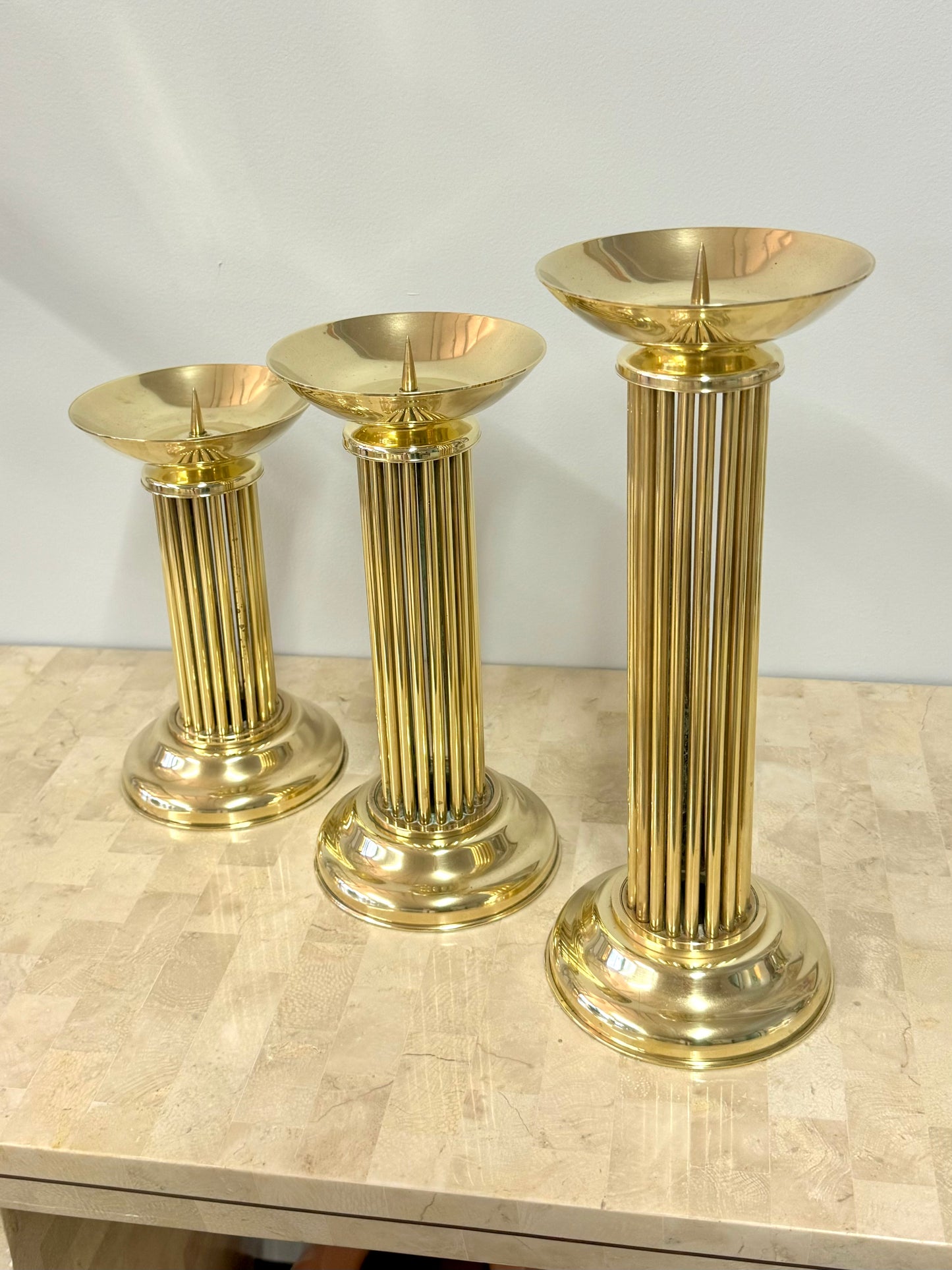 Vintage Brass Pedestal Pillar Candle Holder Trio