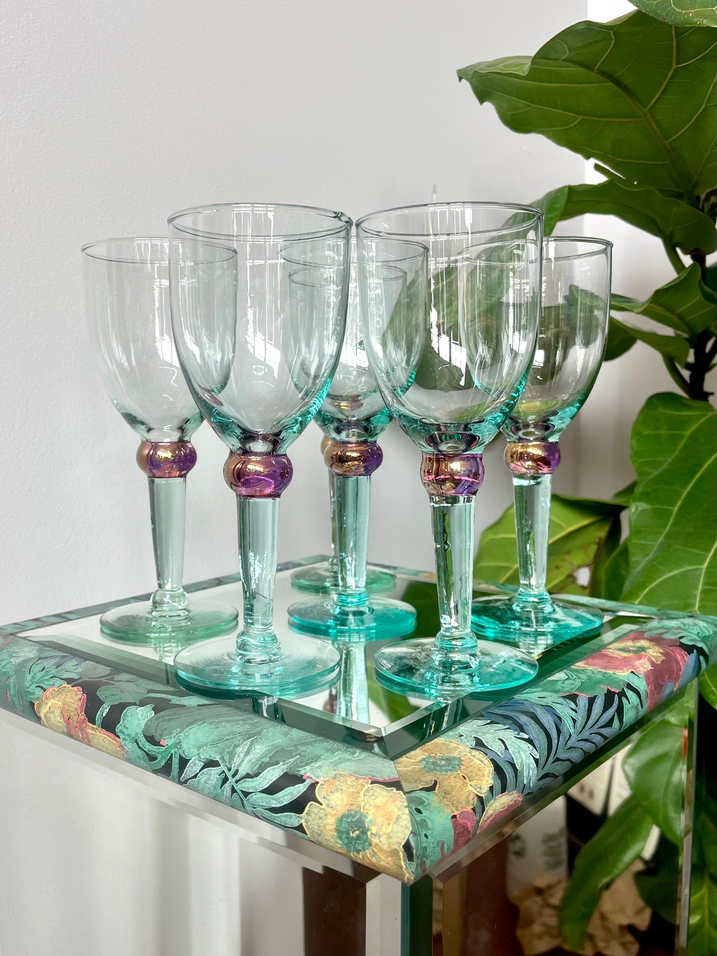Postmodern Handblown Aqua and Iridescent Purple Wine Glasses