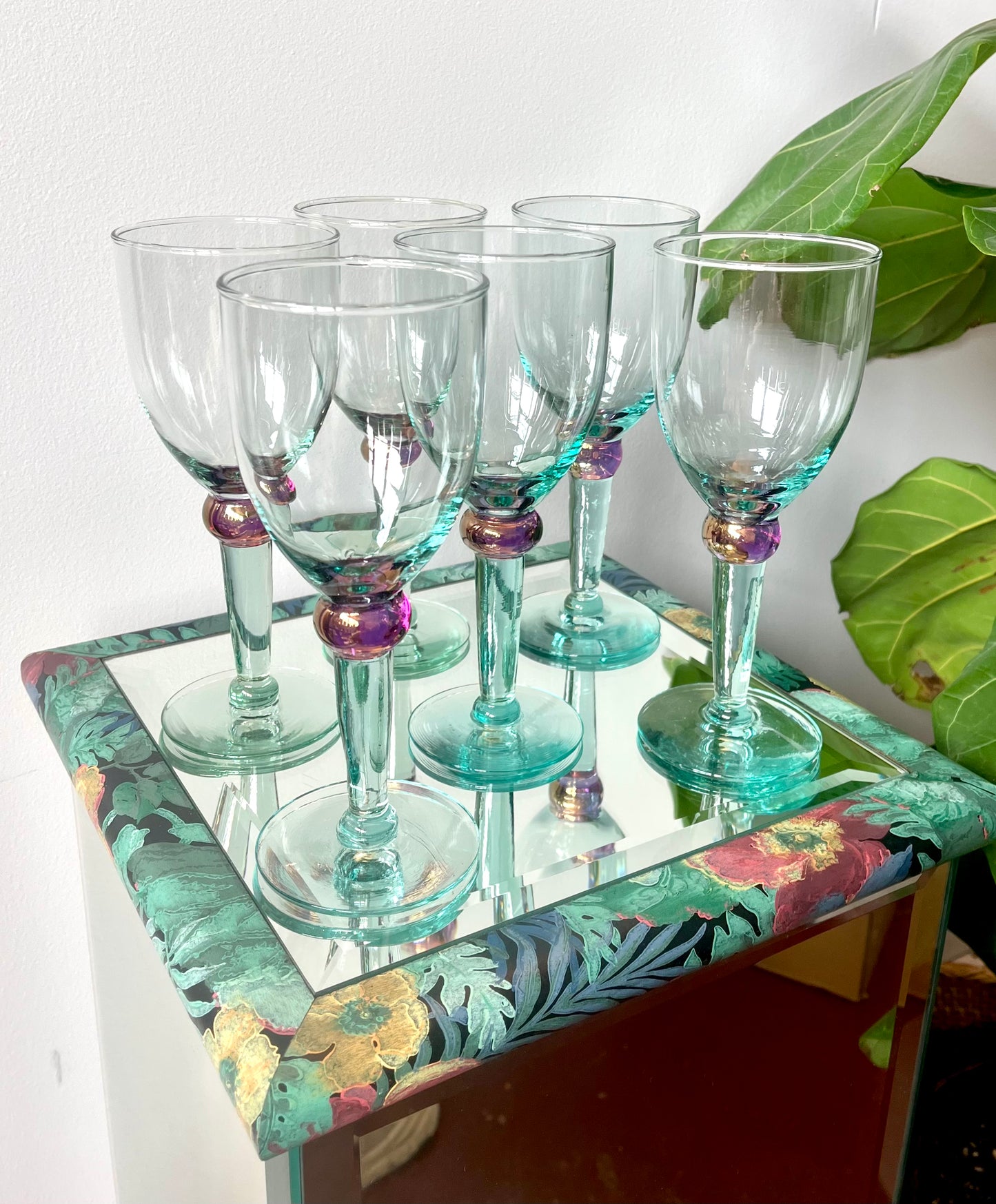 Postmodern Handblown Aqua and Iridescent Purple Wine Glasses