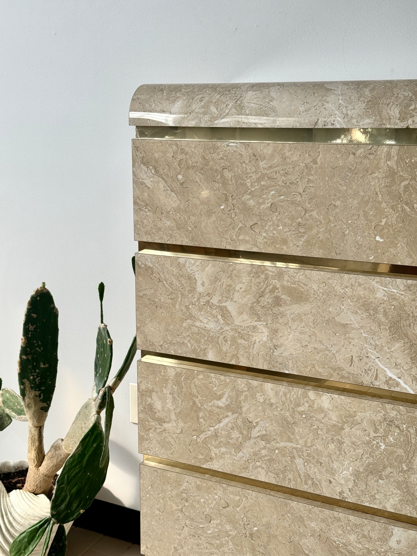 Postmodern Faux Marble Laminate & Brass Waterfall Highboy Dresser