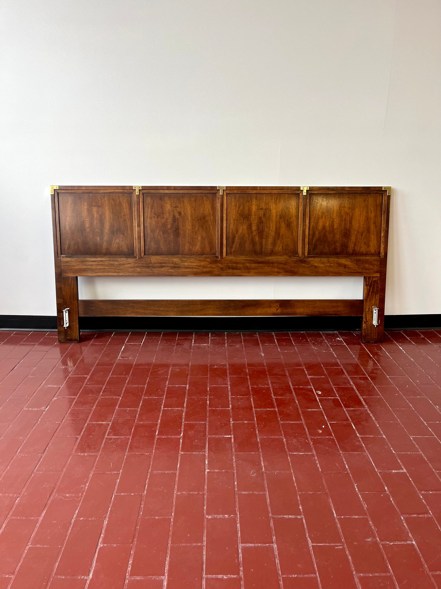 Mid Century Henredon Campaign Style Walnut and Brass King Headboard