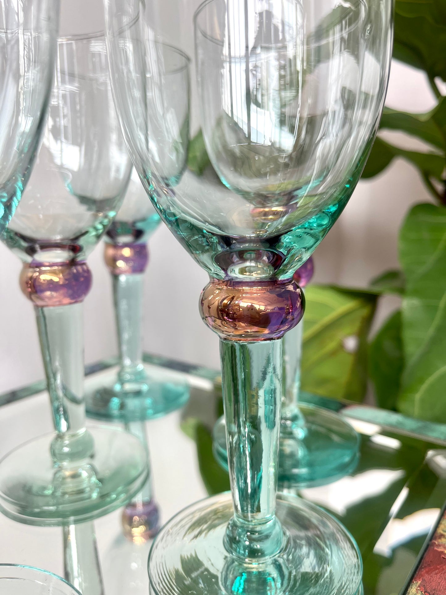 Postmodern Handblown Aqua and Iridescent Purple Wine Glasses