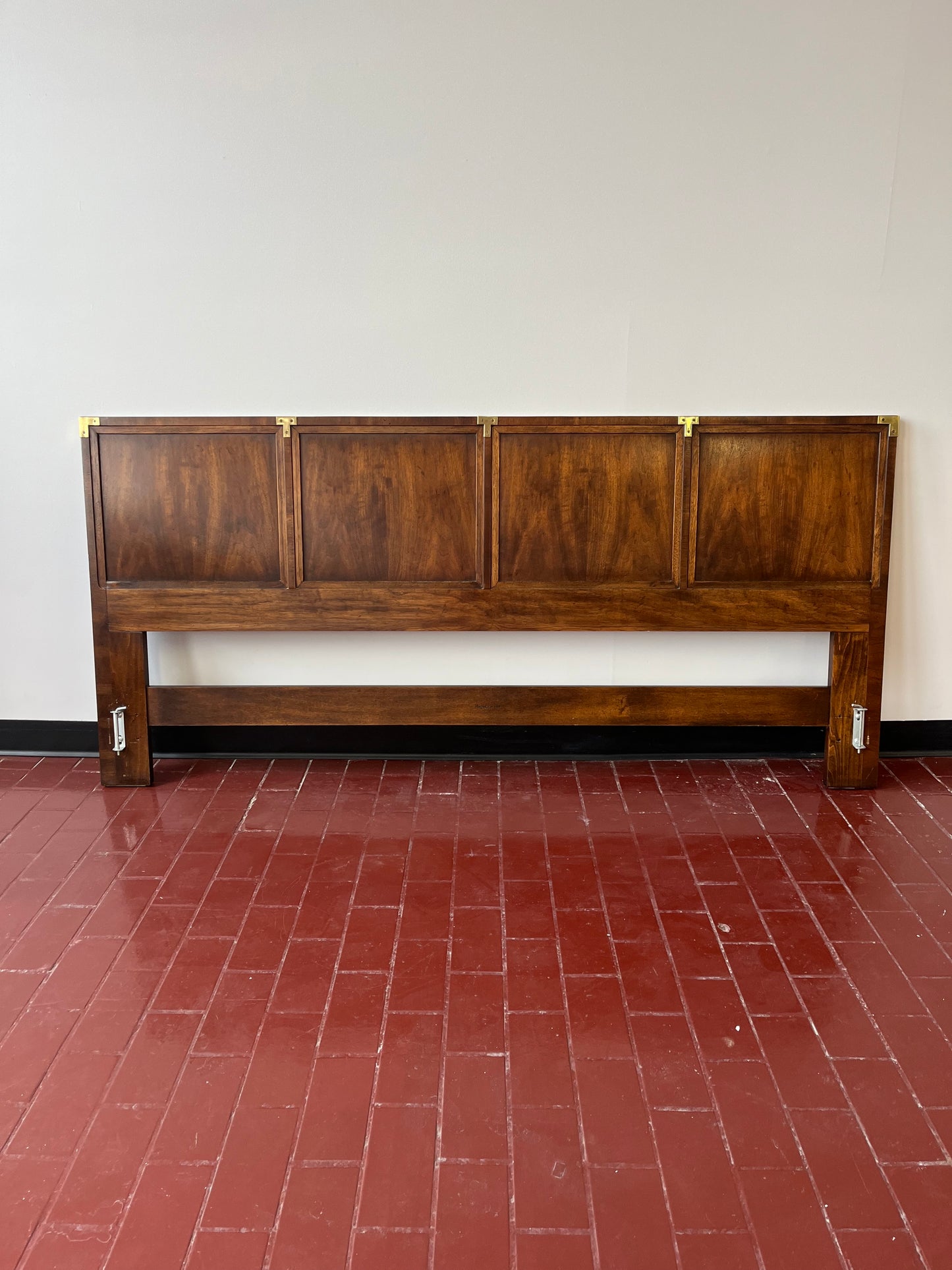 Mid Century Henredon Campaign Style Walnut and Brass King Headboard
