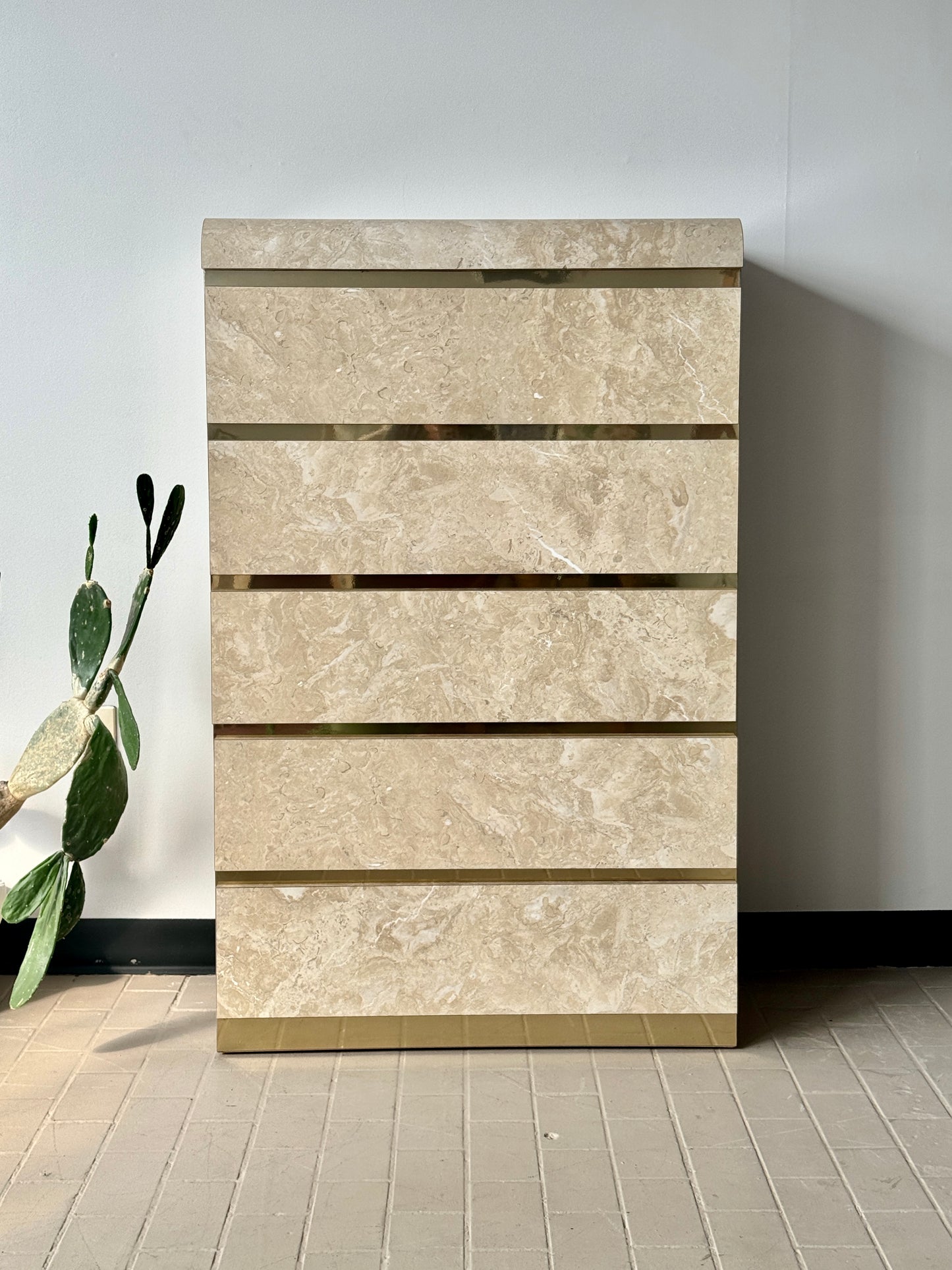 Postmodern Faux Marble Laminate & Brass Waterfall Highboy Dresser