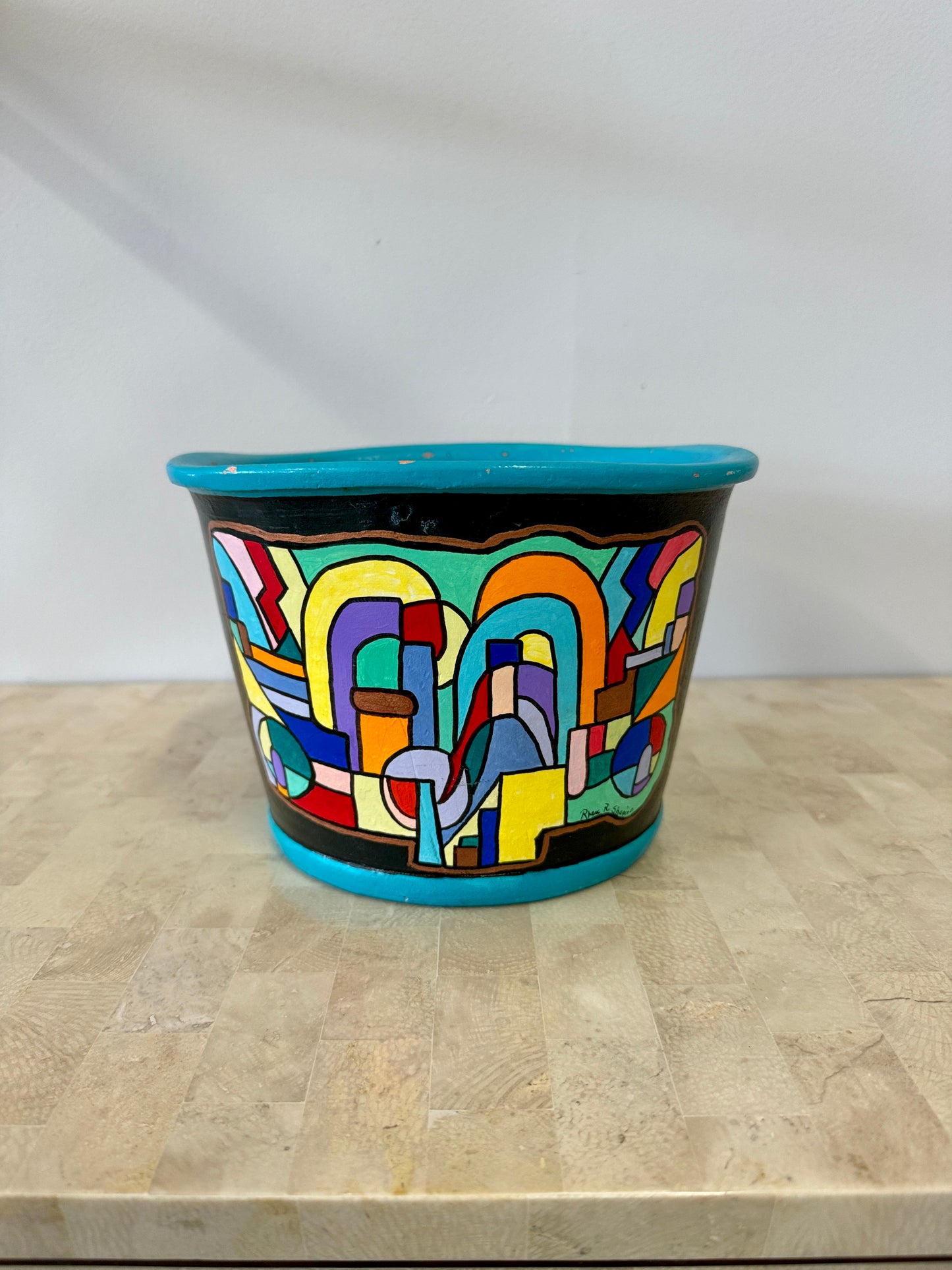Vintage Handpainted Abstract Cubist Style Ceramic Planter