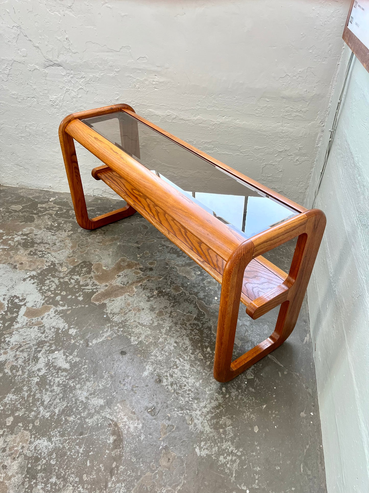Postmodern Lou Hodges Style Oak and Smoked Glass Console Table