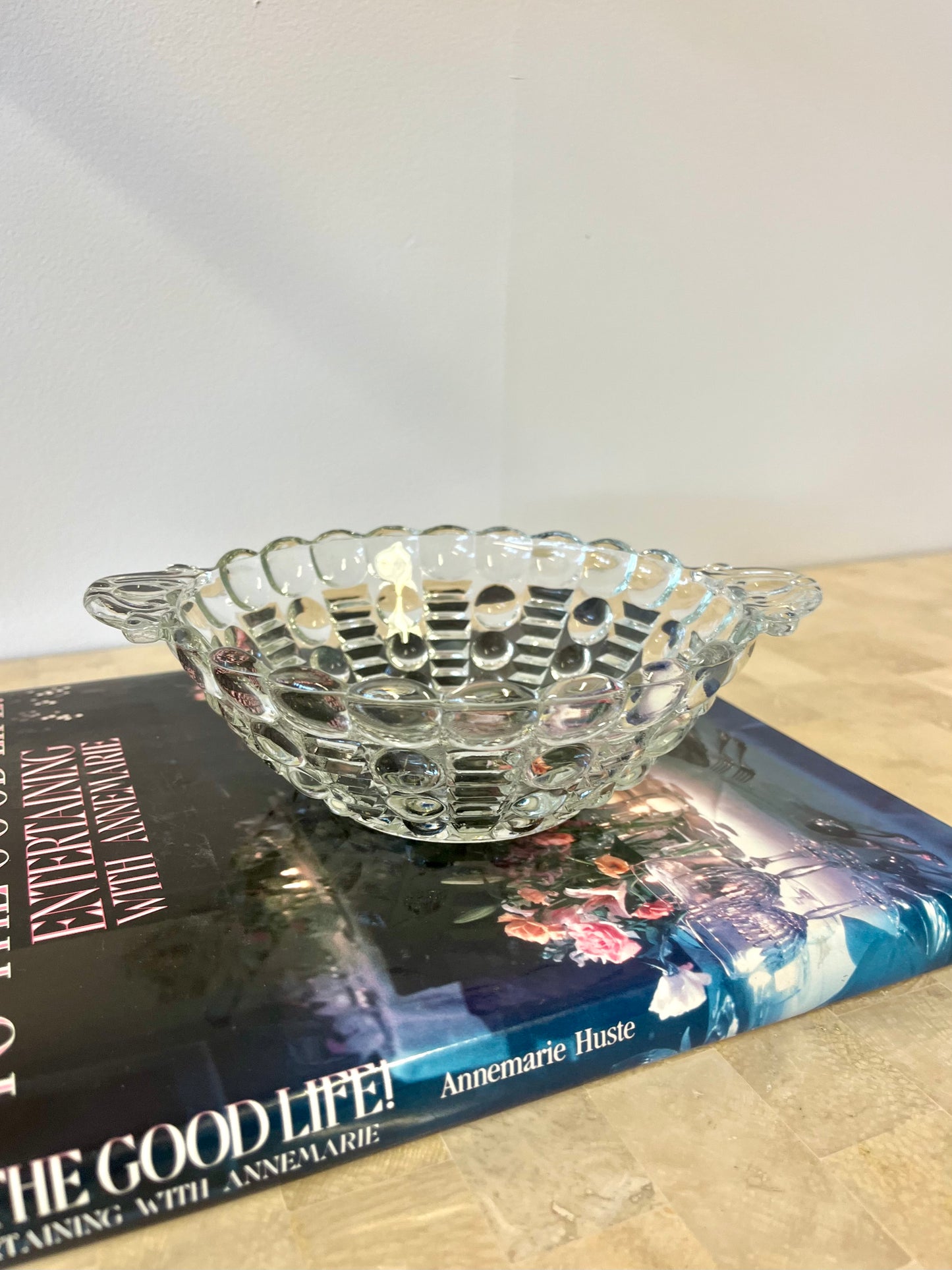 Vintage Anchor Hocking Bubble Glass Handled Trinket Dish