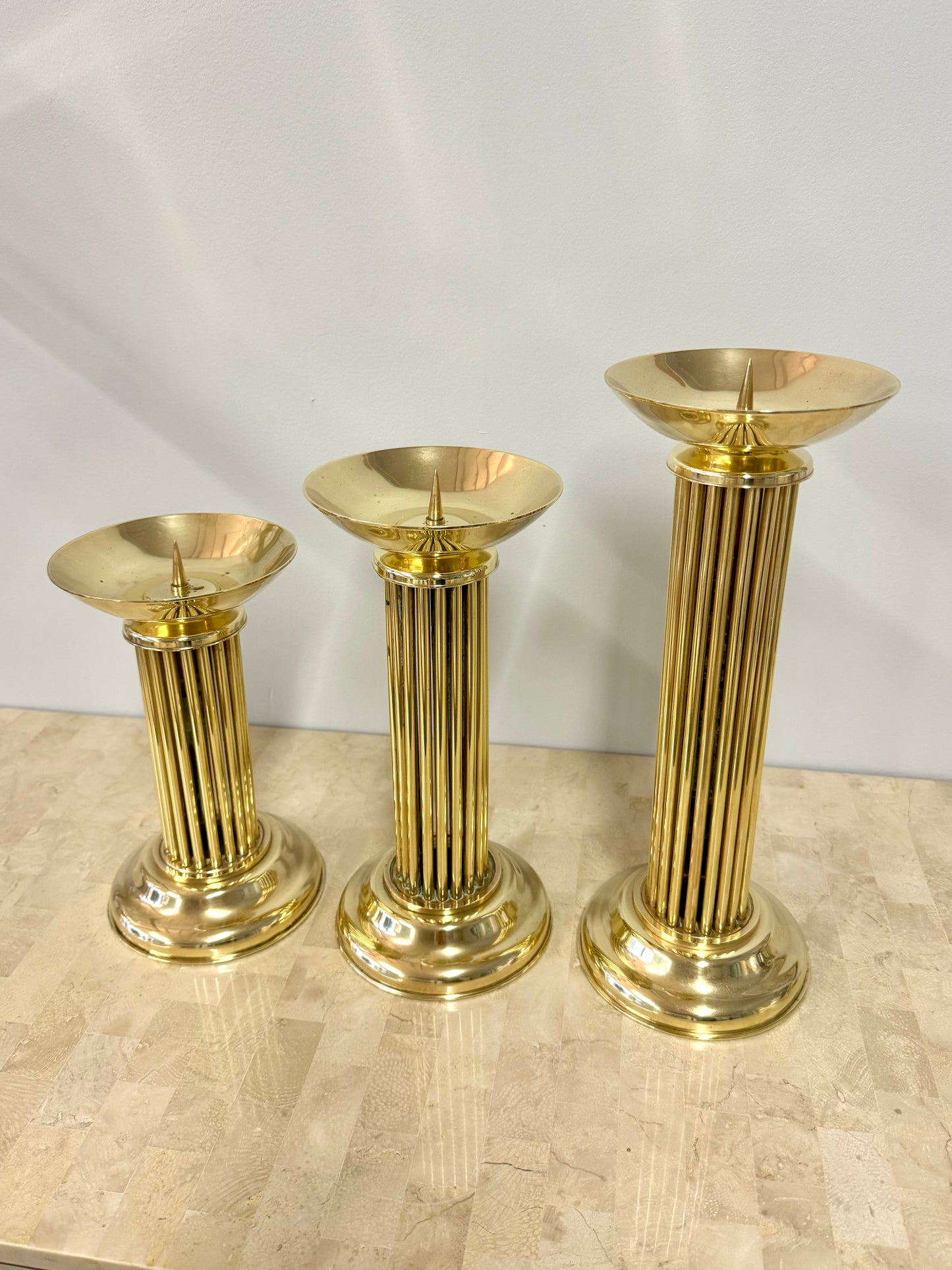 Vintage Brass Pedestal Pillar Candle Holder Trio
