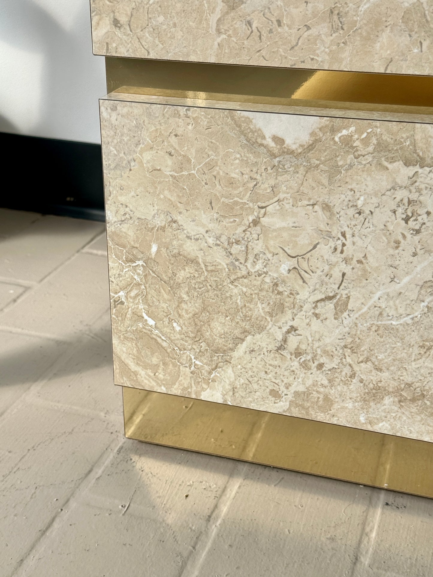 Postmodern Faux Marble Laminate & Brass Waterfall Highboy Dresser