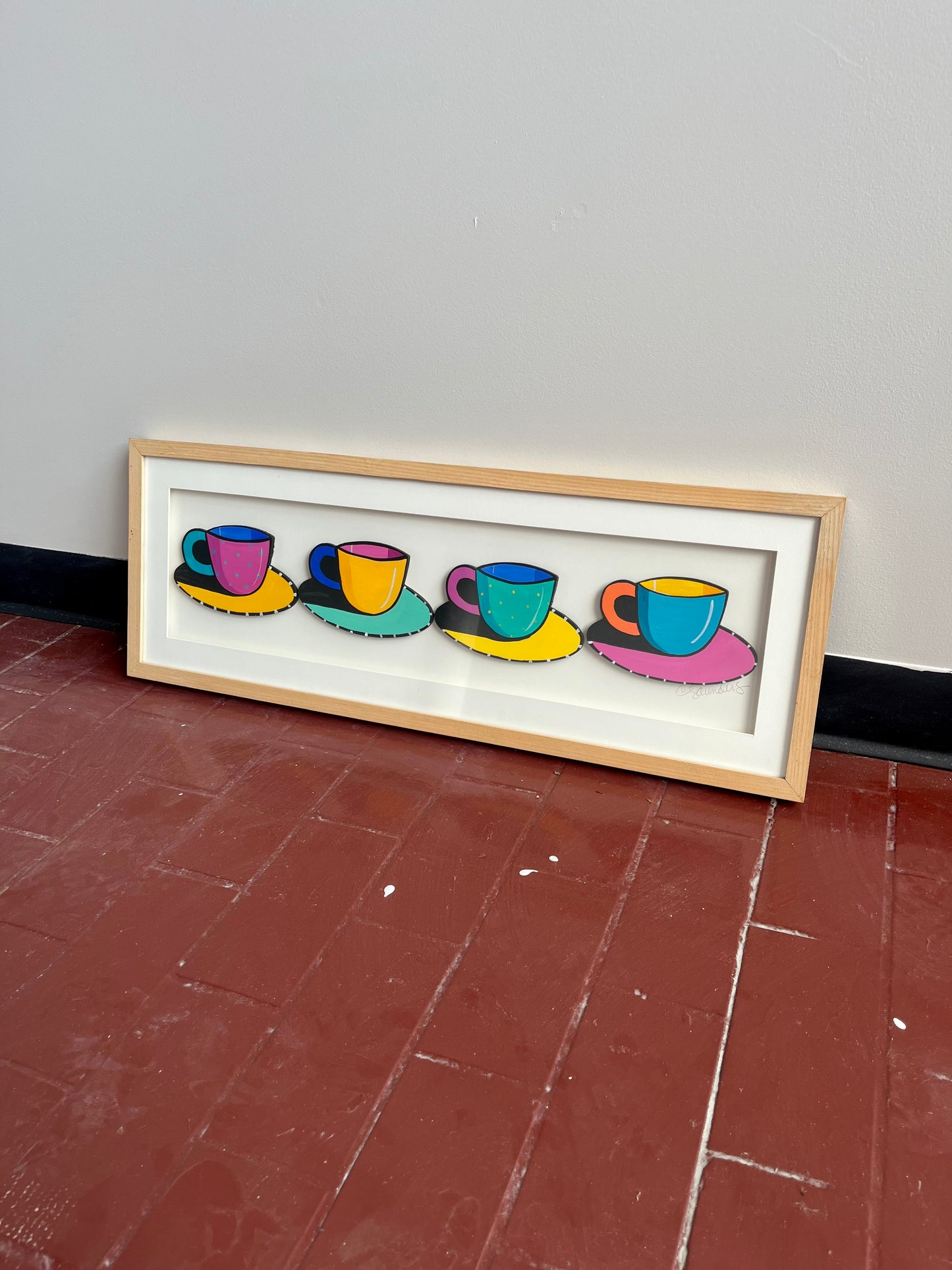 Vintage Signed Painted Shadow Box Tea Cups