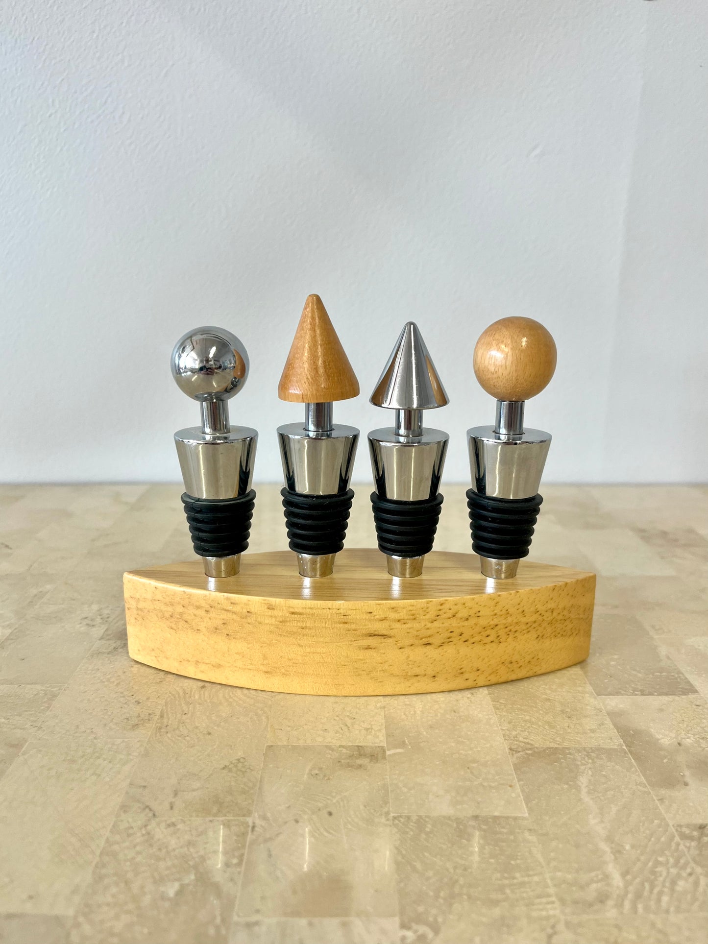 Postmodern Stainless Steel and Oak Bottle Stopper Set