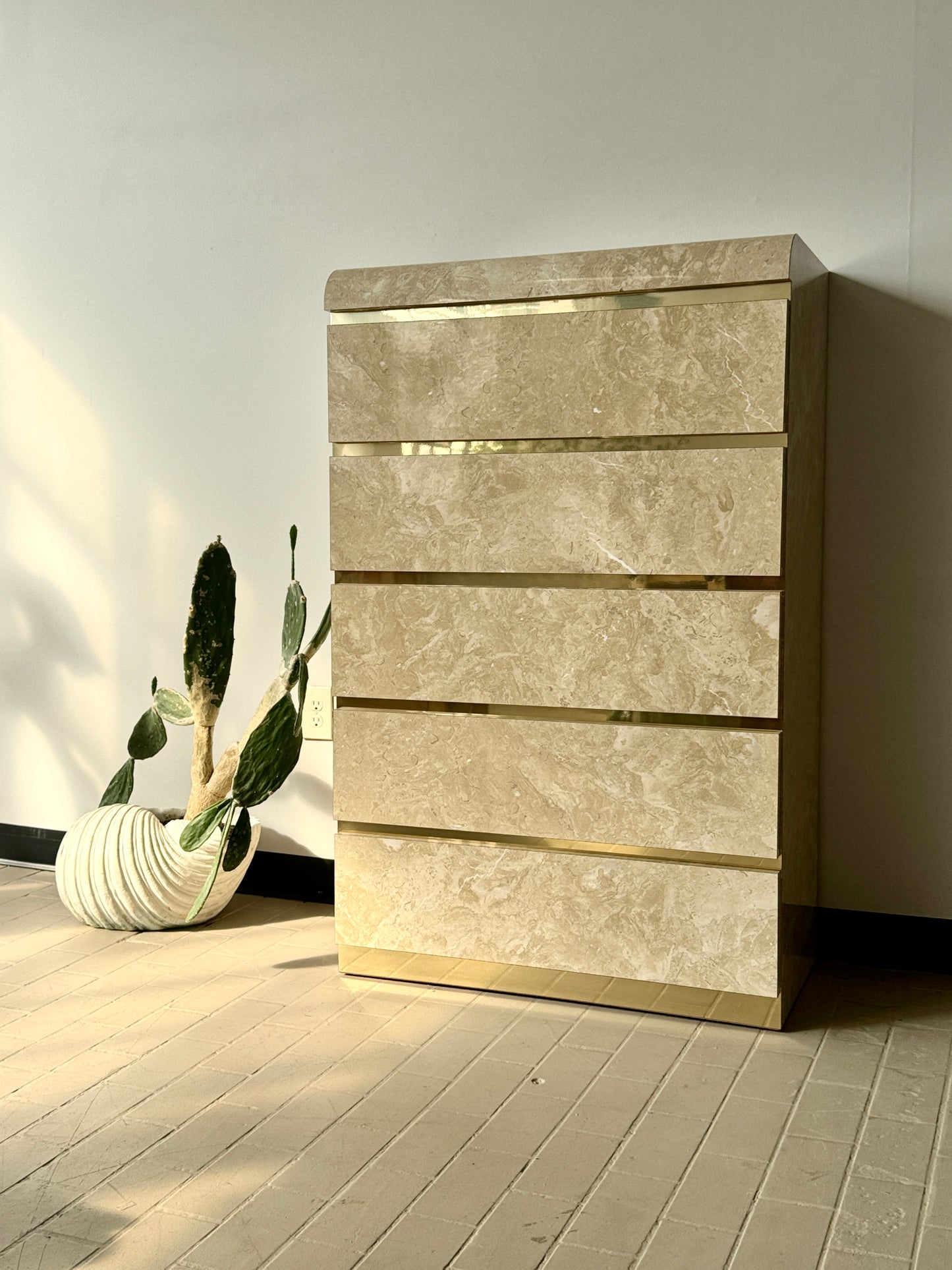Postmodern Faux Marble Laminate & Brass Waterfall Highboy Dresser