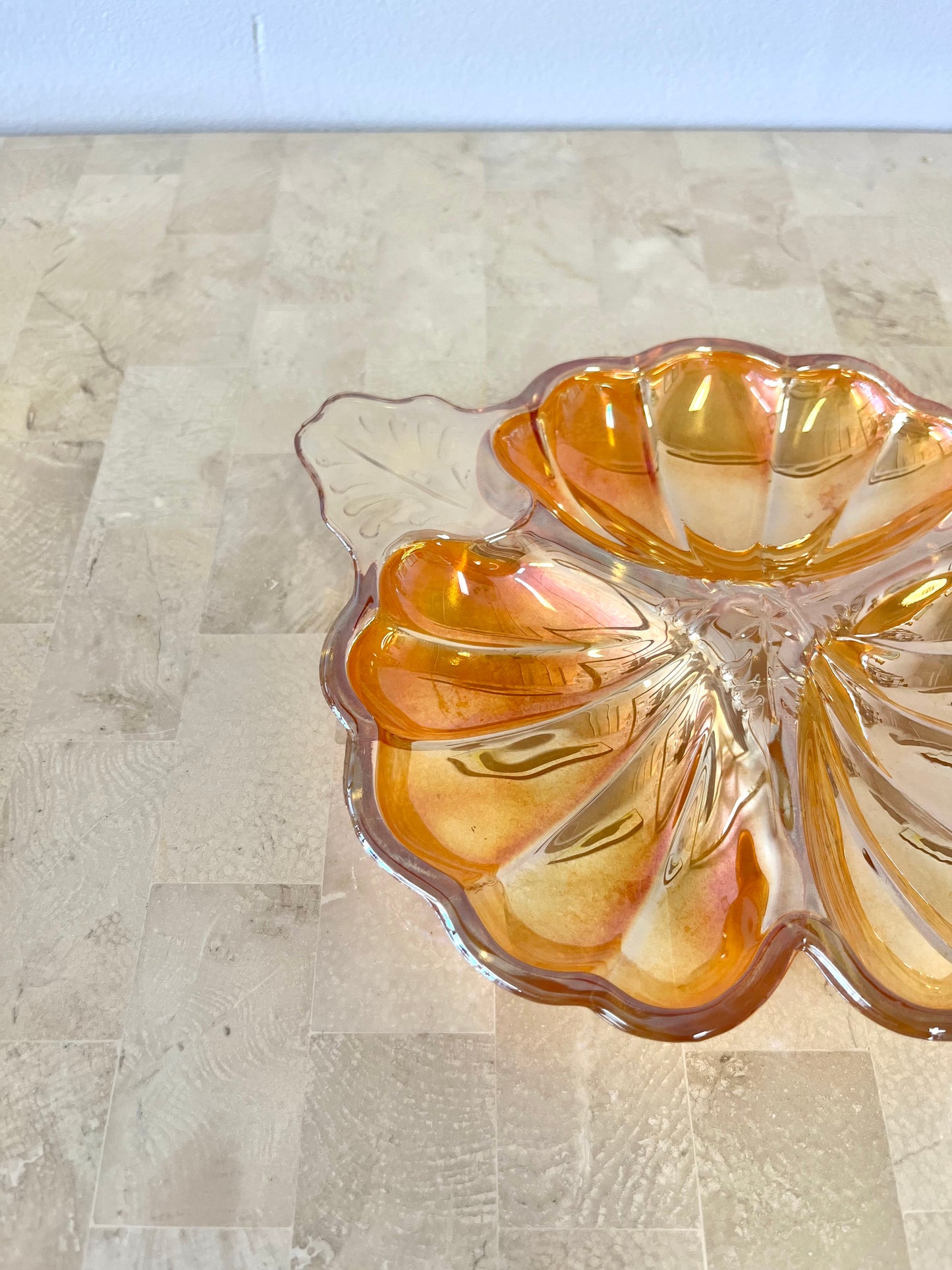 Vintage Marigold Carnival Glass Clover Trinket Dish