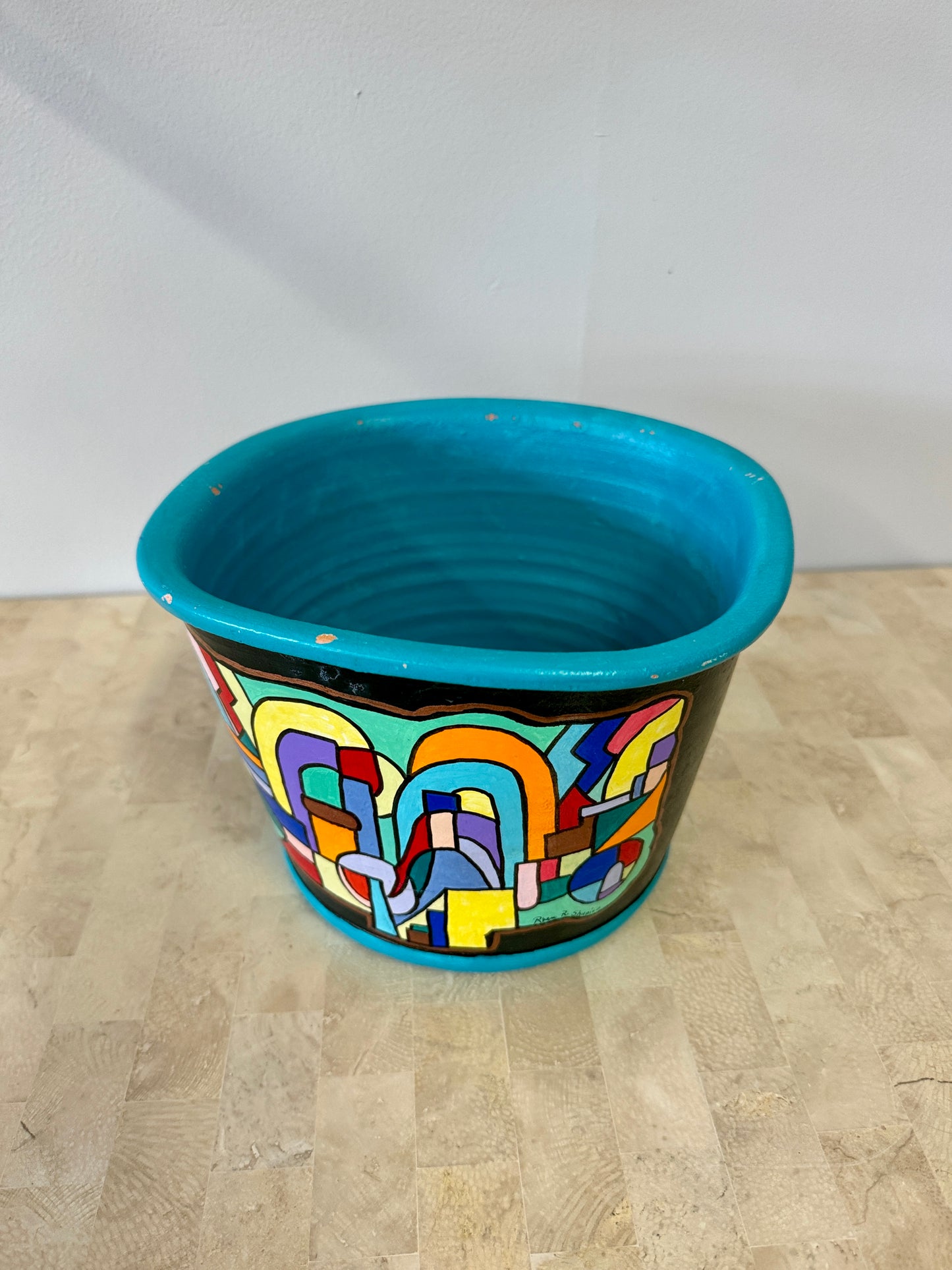 Vintage Handpainted Abstract Cubist Style Ceramic Planter