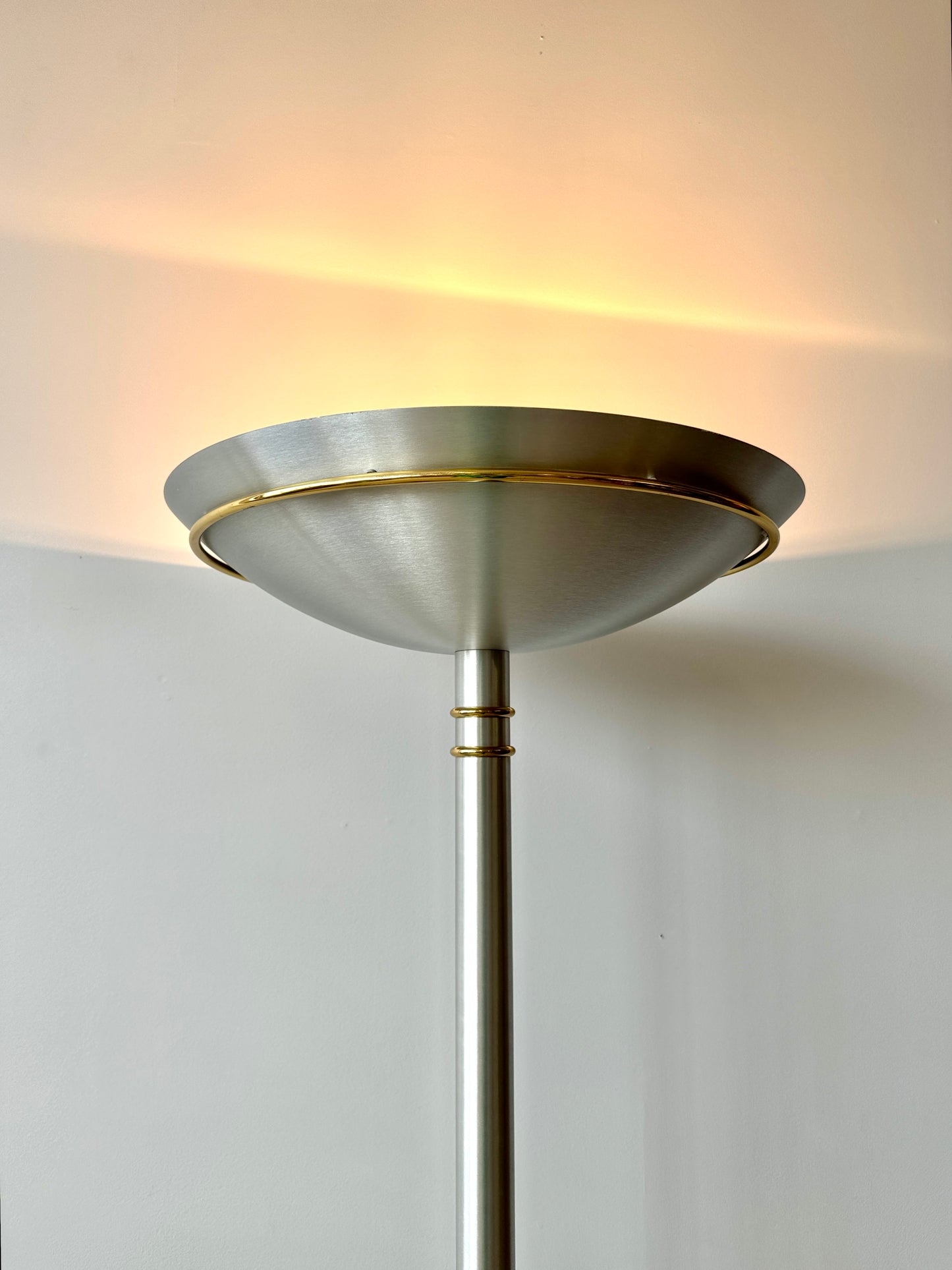 Vintage Postmodern Brushed Aluminum and Brass Torchiere Floor Lamp