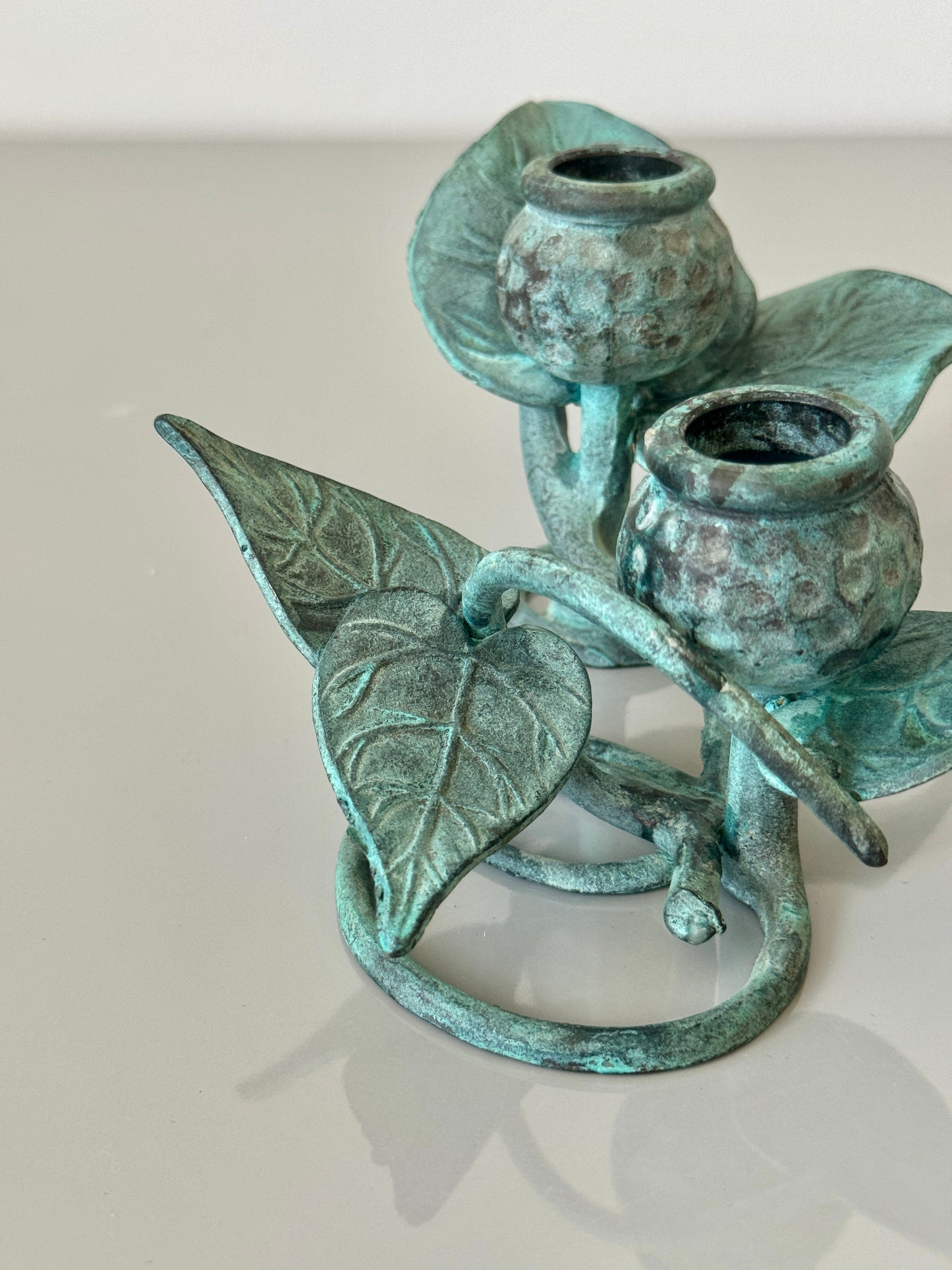Vintage Green Verdigris Iron Vine Double Candelabra