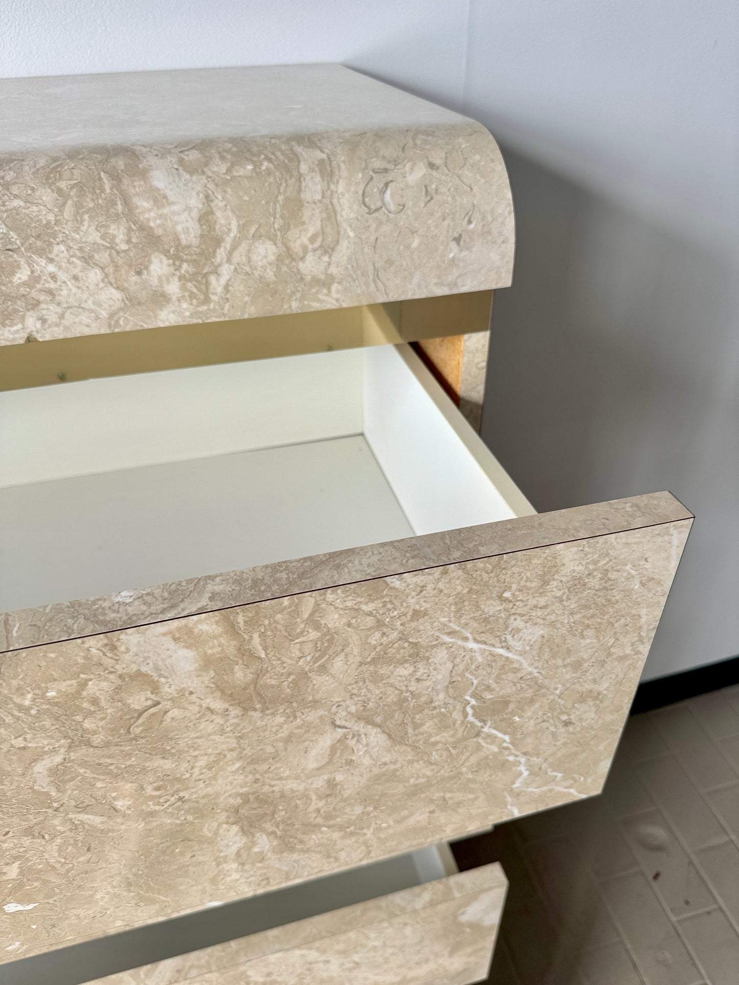 Postmodern Faux Marble Laminate & Brass Waterfall Highboy Dresser