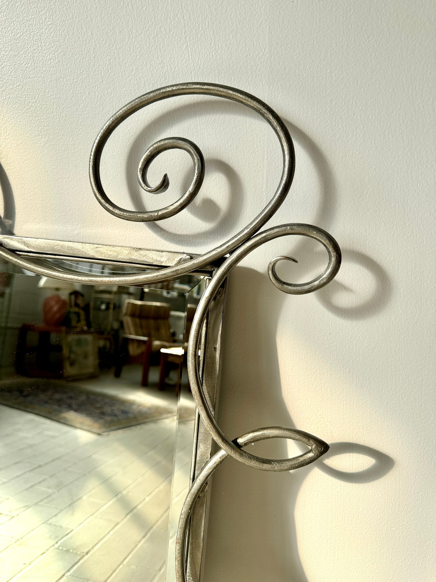 Vintage Postmodern Wrought Iron Beveled Swirl Mirror