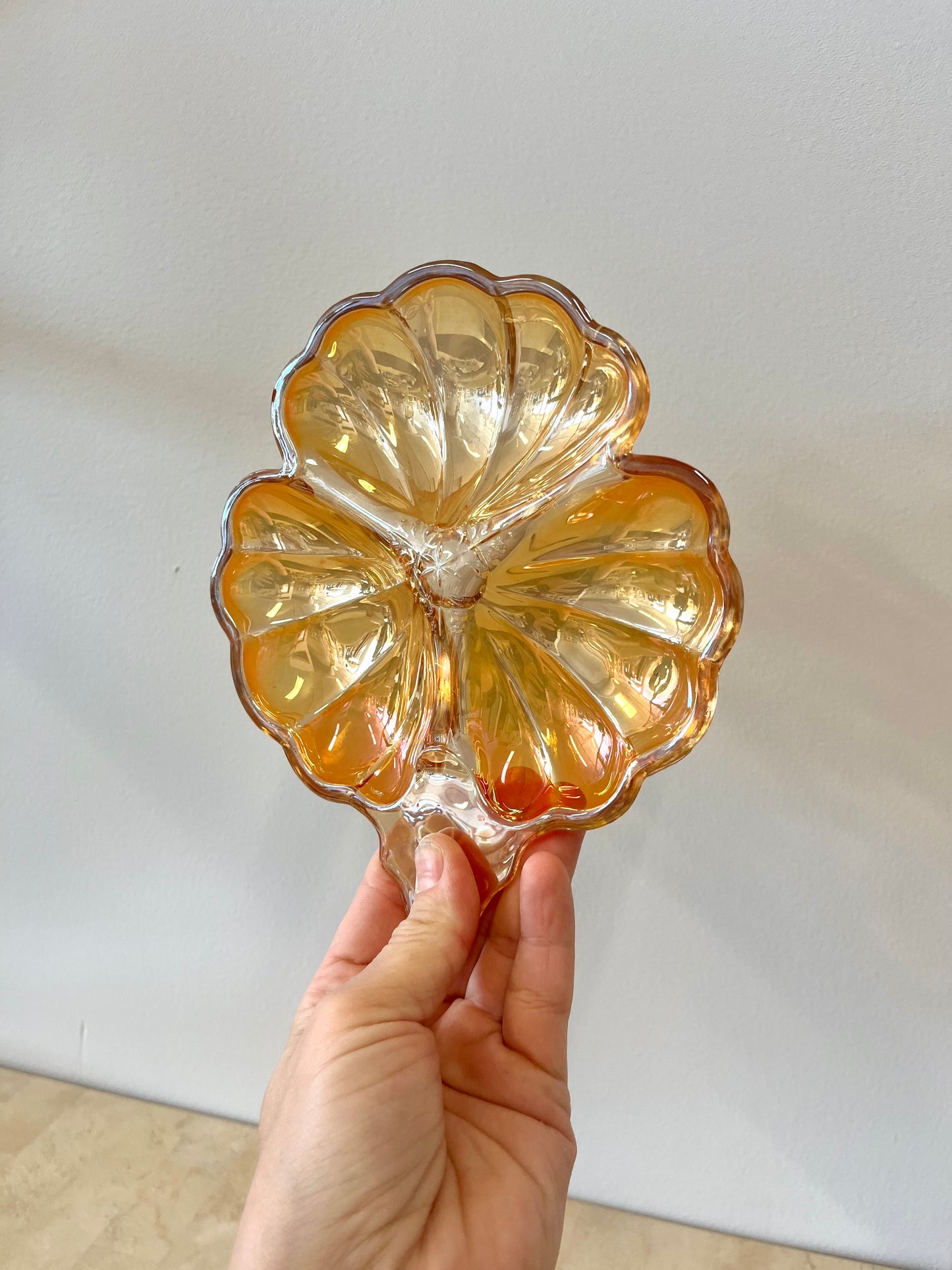 Vintage Marigold Carnival Glass Clover Trinket Dish