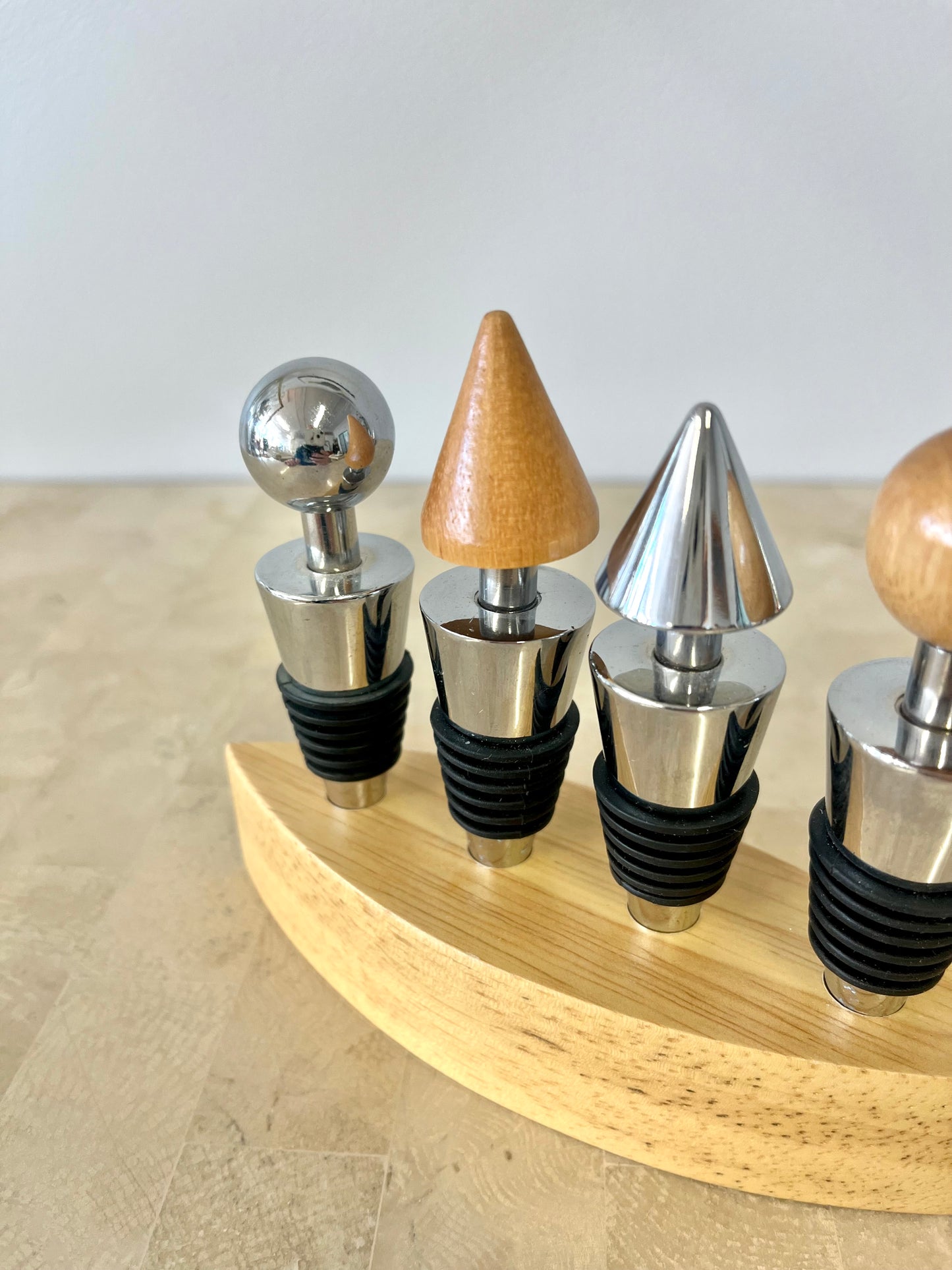 Postmodern Stainless Steel and Oak Bottle Stopper Set