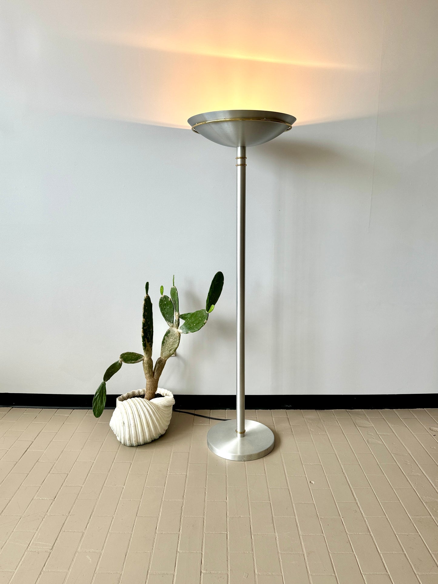 Vintage Postmodern Brushed Aluminum and Brass Torchiere Floor Lamp