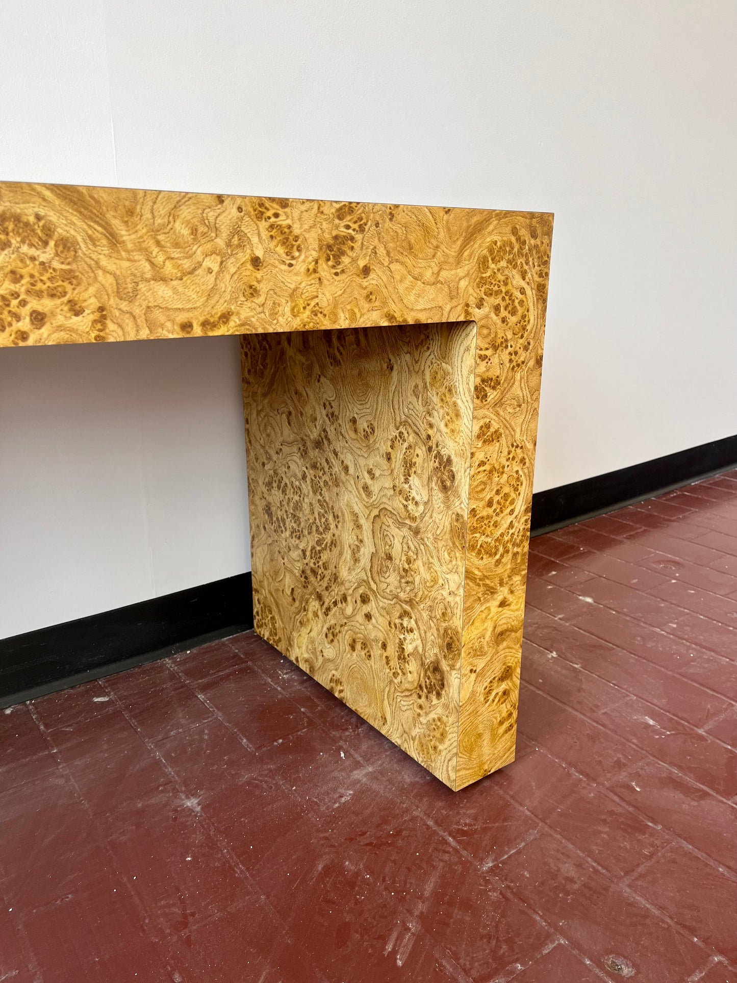 Vintage Parsons Style Burl Laminate Console Table