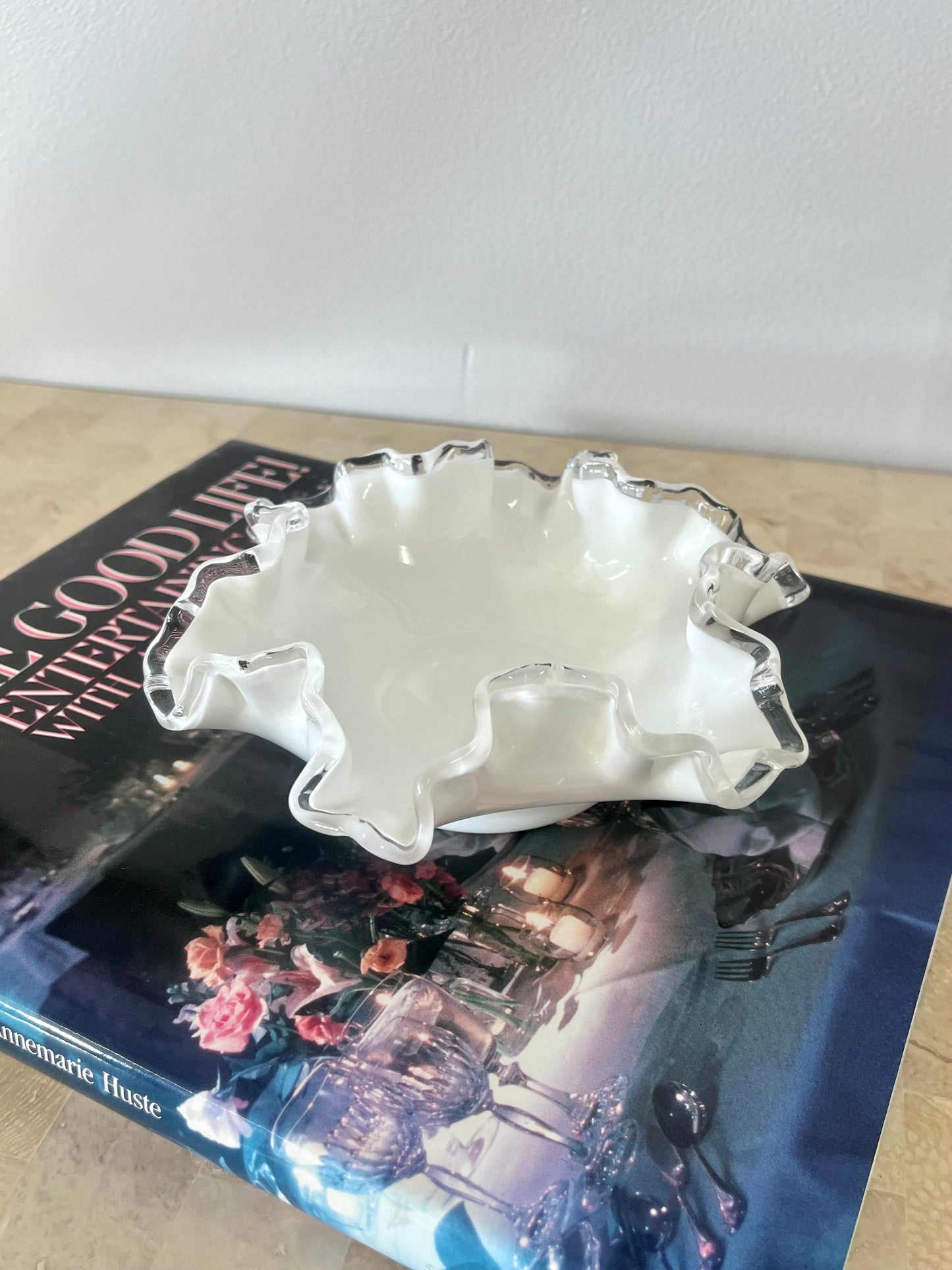 Vintage Fenton Milk Glass Ruffle Trinket Dish