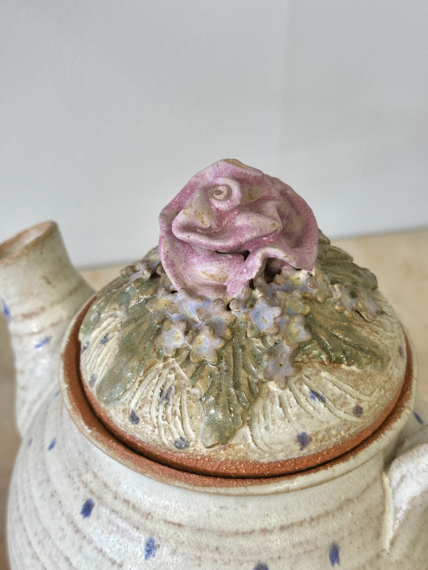 Vintage 1999 Studio Pottery Teapot with Applied Rose Lid