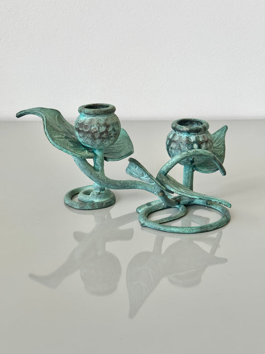 Vintage Green Verdigris Iron Vine Double Candelabra