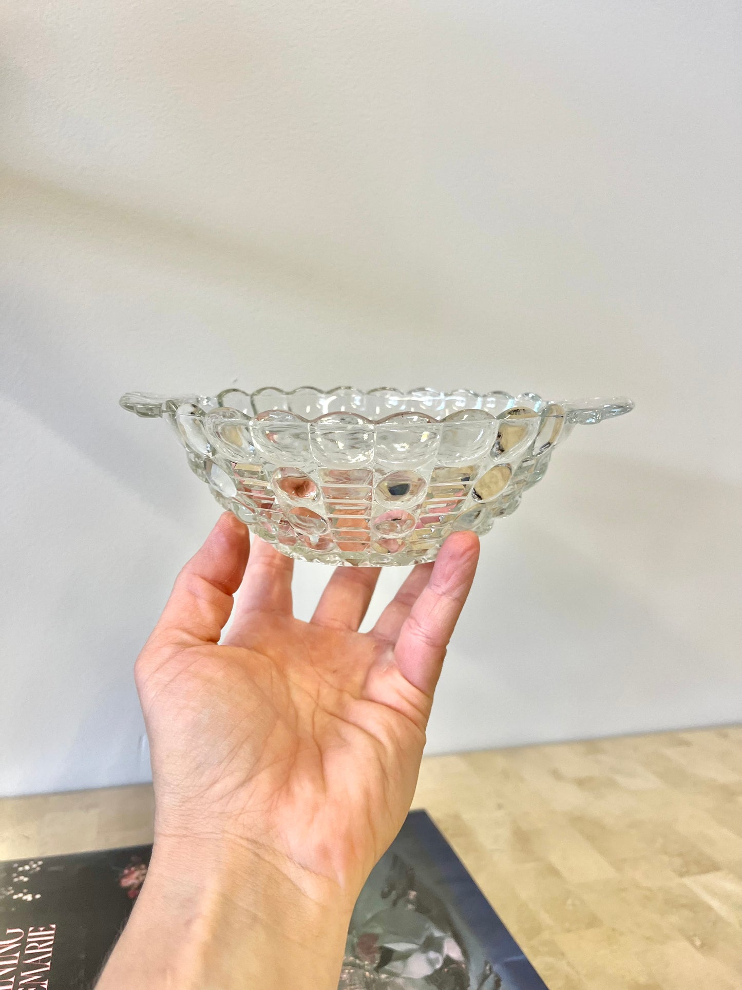 Vintage Anchor Hocking Bubble Glass Handled Trinket Dish