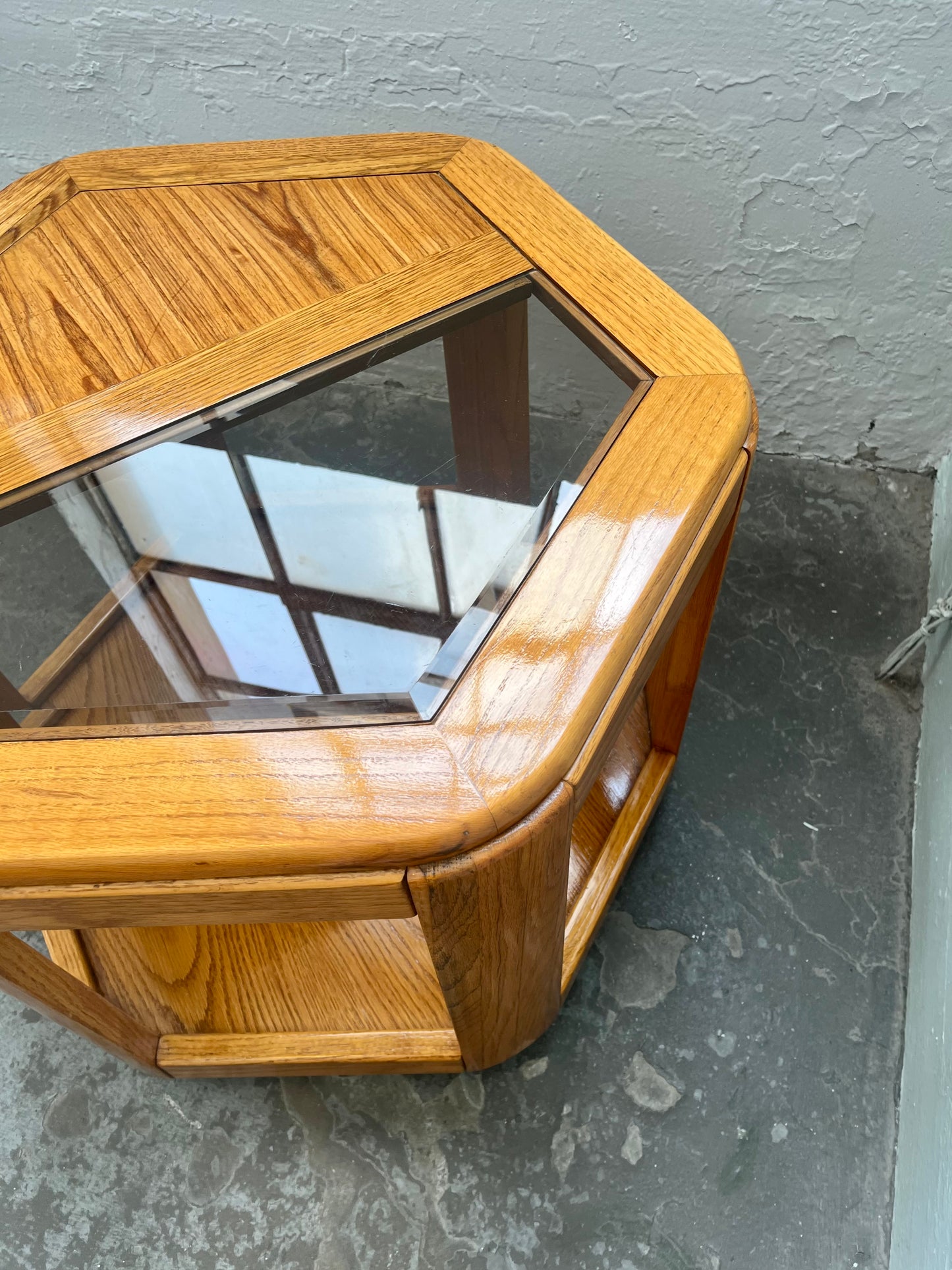 Postmodern Oak Hexagon End Table with Smoked Glass and Teak Top