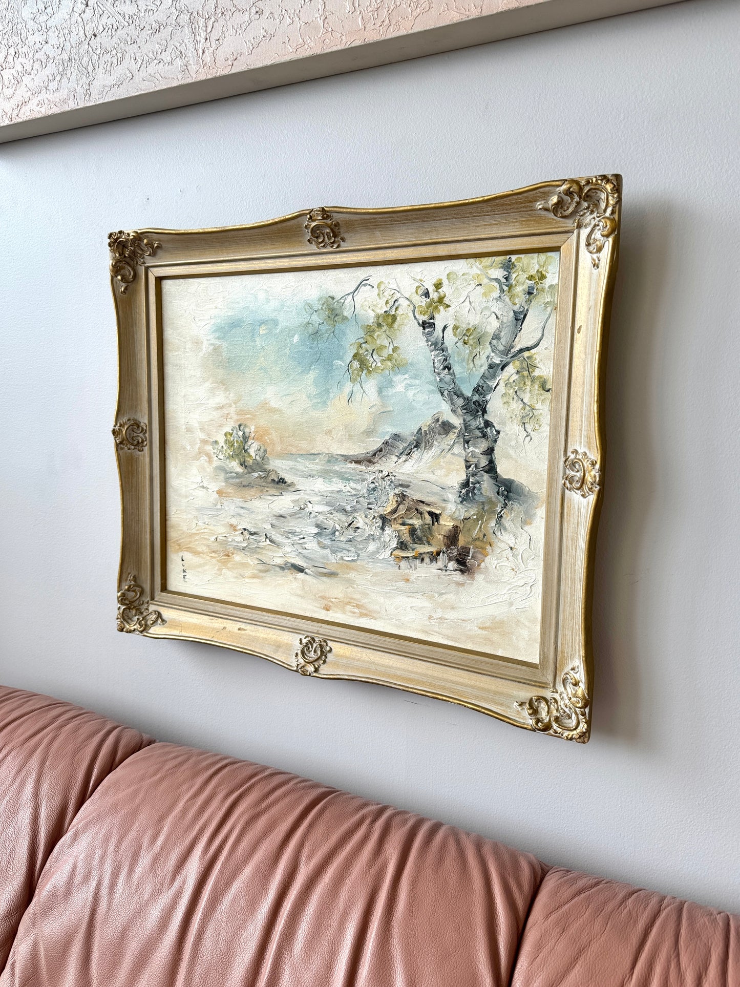 Vintage River’s Edge Oil Painting in Carved Wood Frame