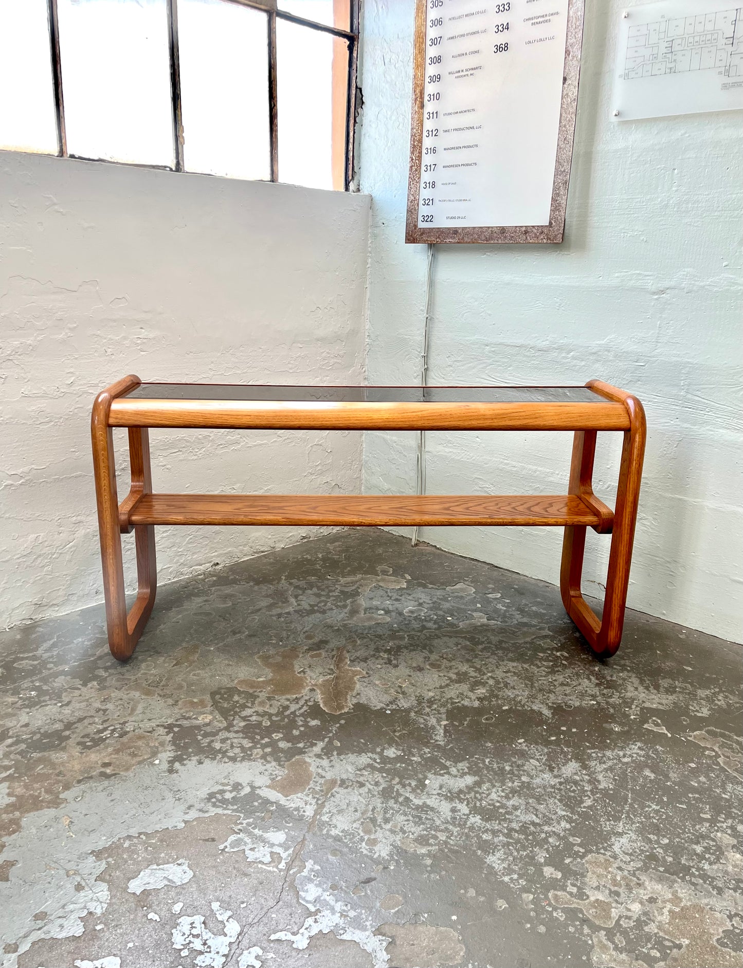 Postmodern Lou Hodges Style Oak and Smoked Glass Console Table