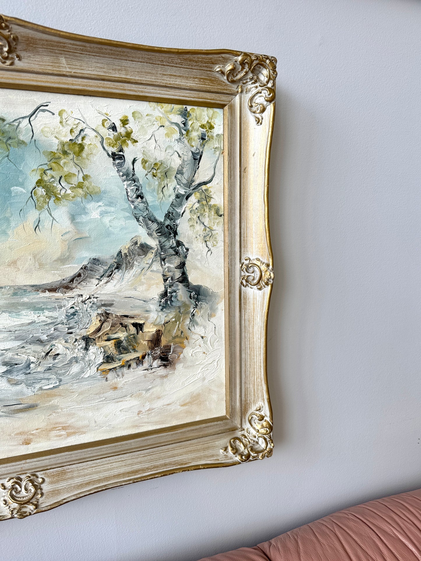 Vintage River’s Edge Oil Painting in Carved Wood Frame