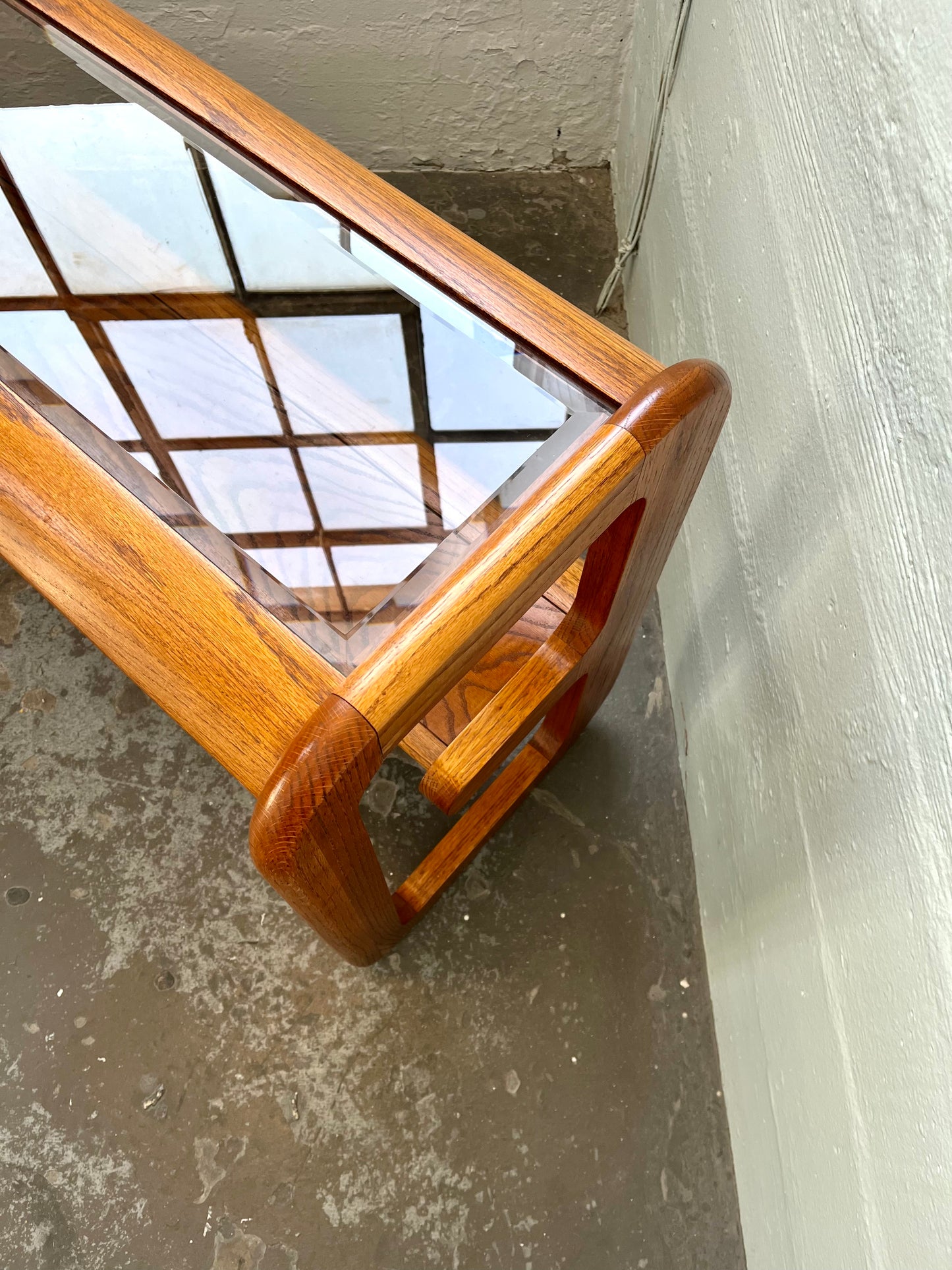 Postmodern Lou Hodges Style Oak and Smoked Glass Console Table