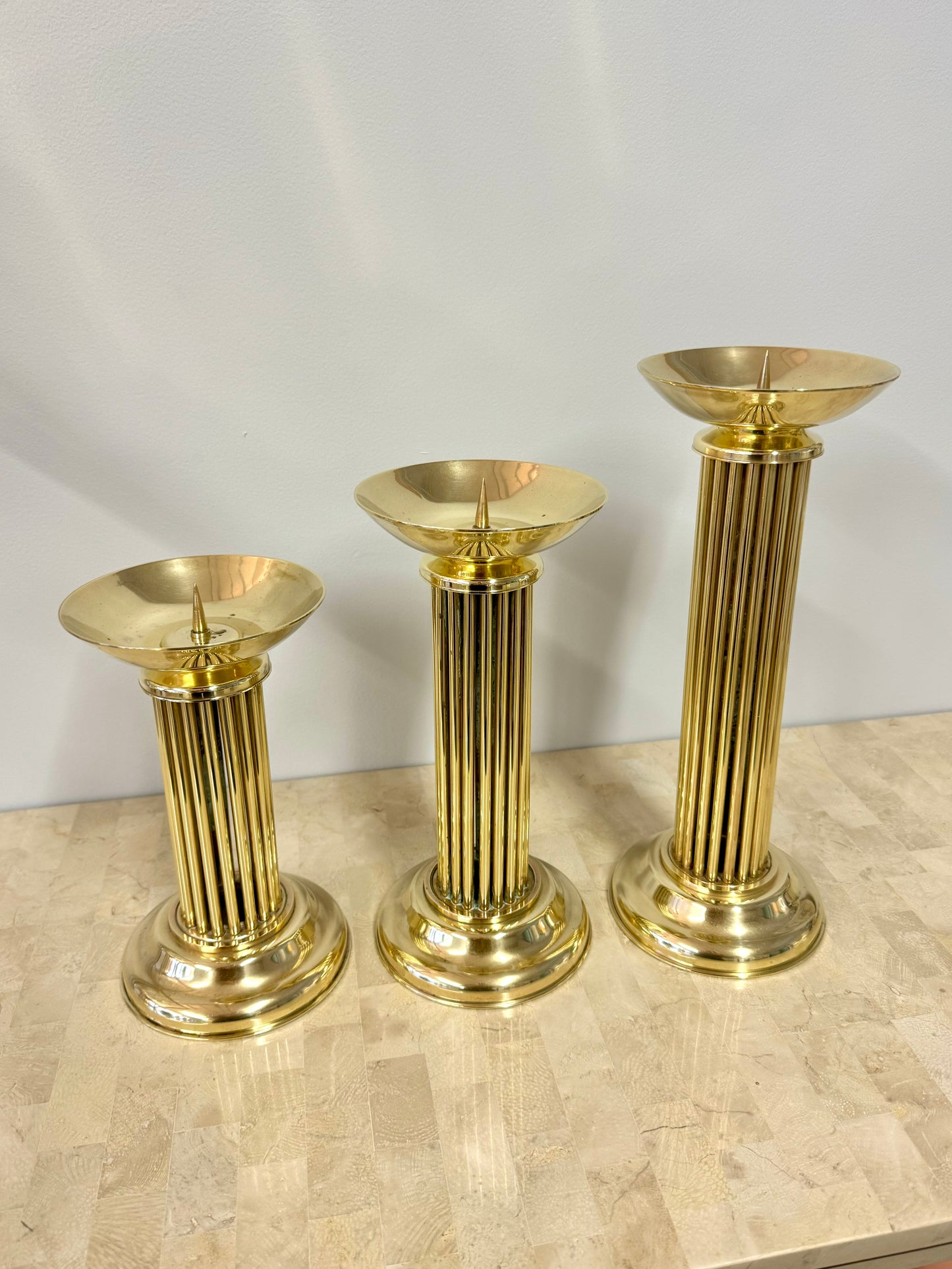 Vintage Brass Pedestal Pillar Candle Holder Trio