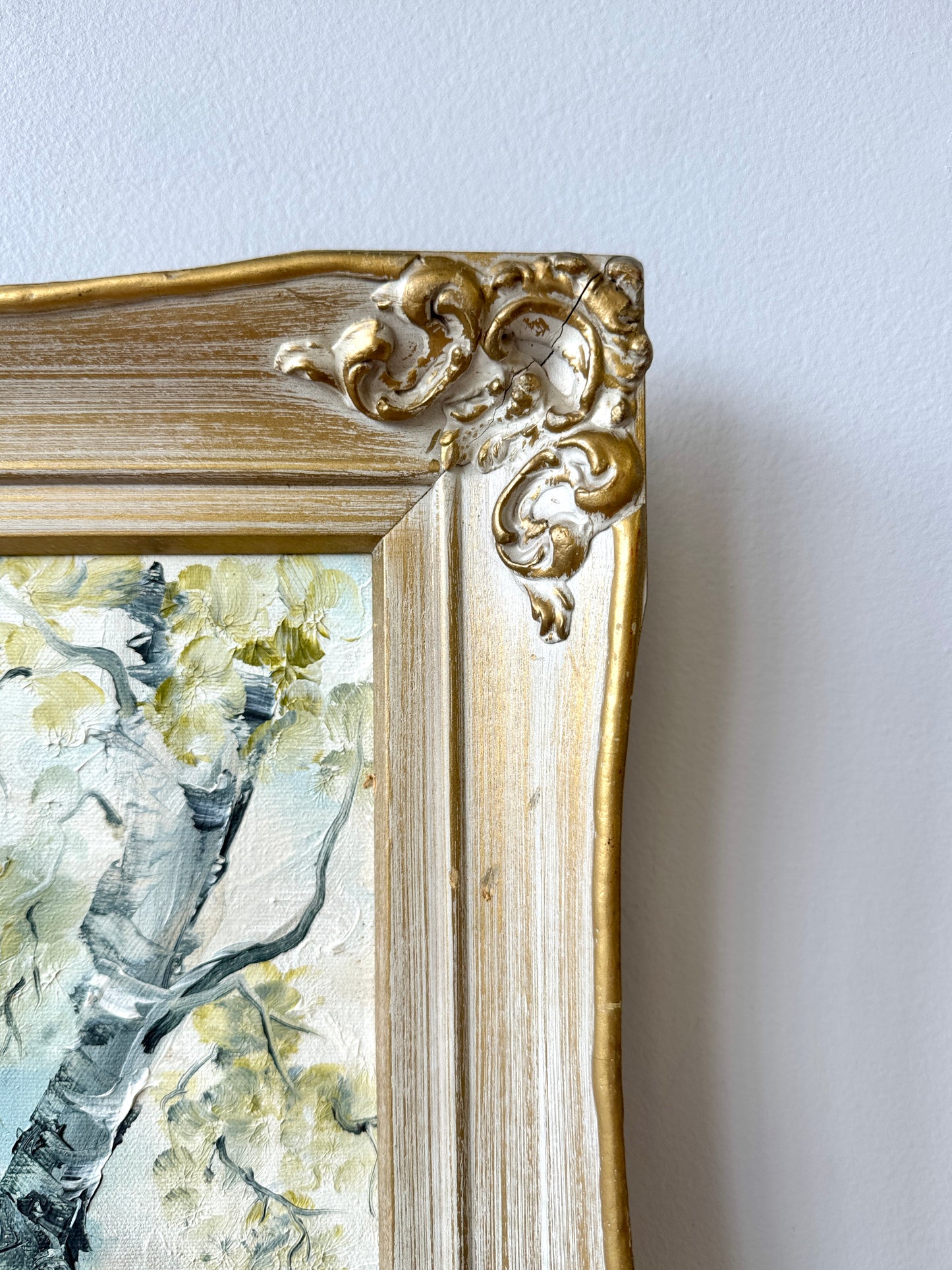 Vintage River’s Edge Oil Painting in Carved Wood Frame