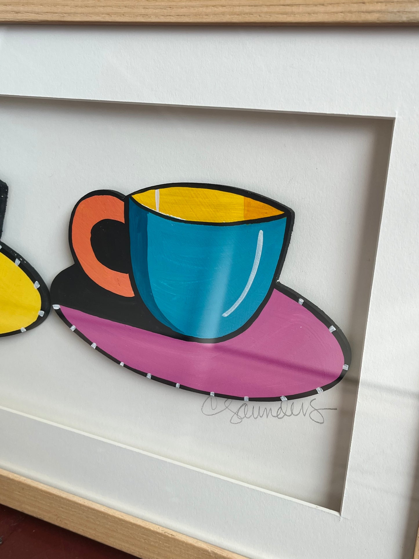 Vintage Signed Painted Shadow Box Tea Cups