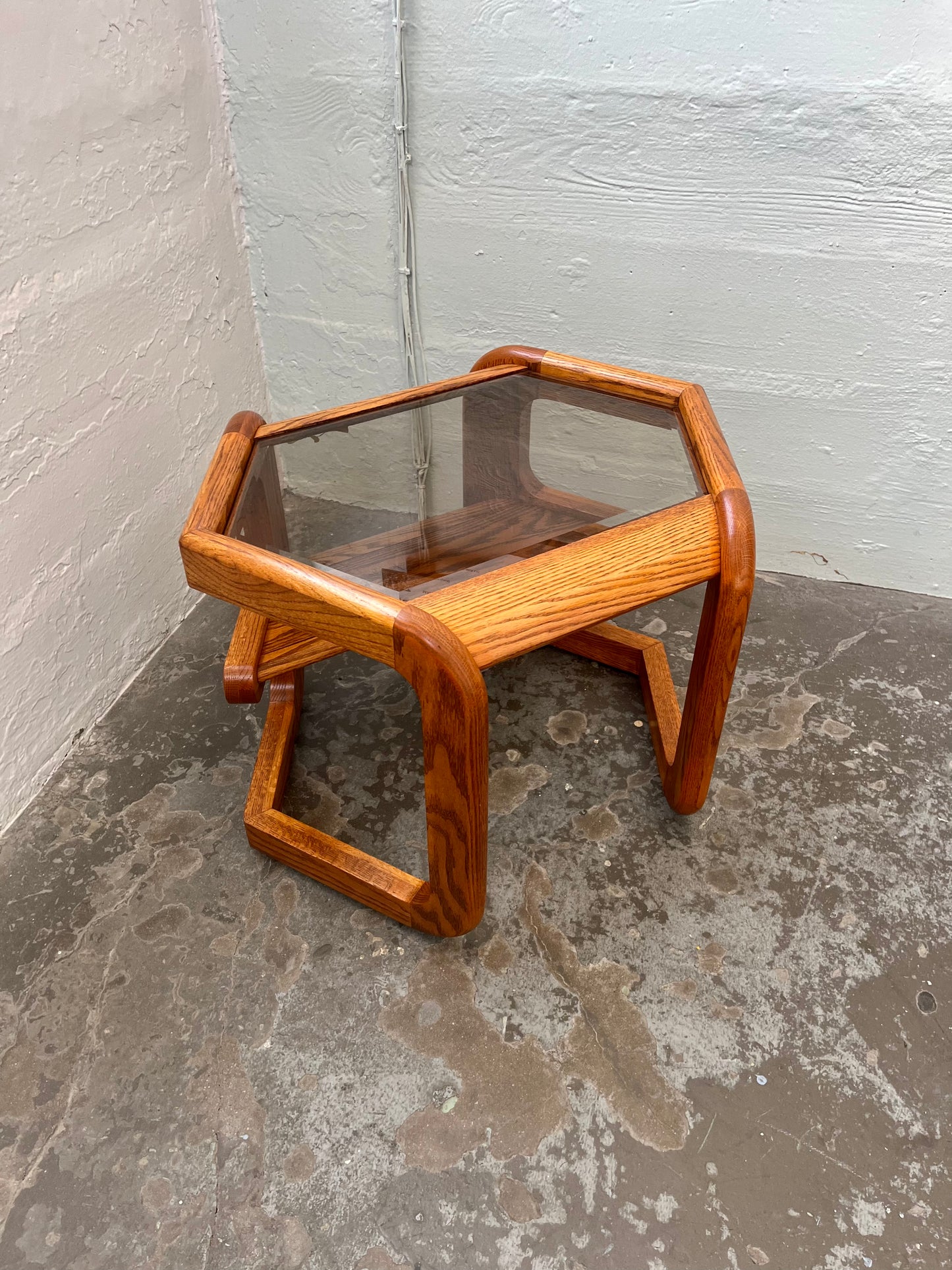 Vintage Postmodern Lou Hodges Style Oak Hexagon End Table