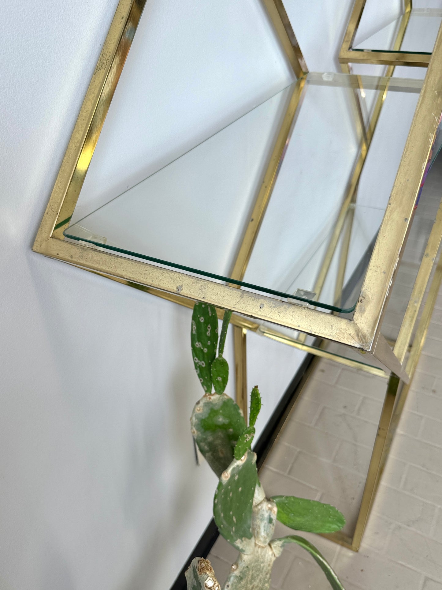 Vintage Diamond Brass and Glass Etagere