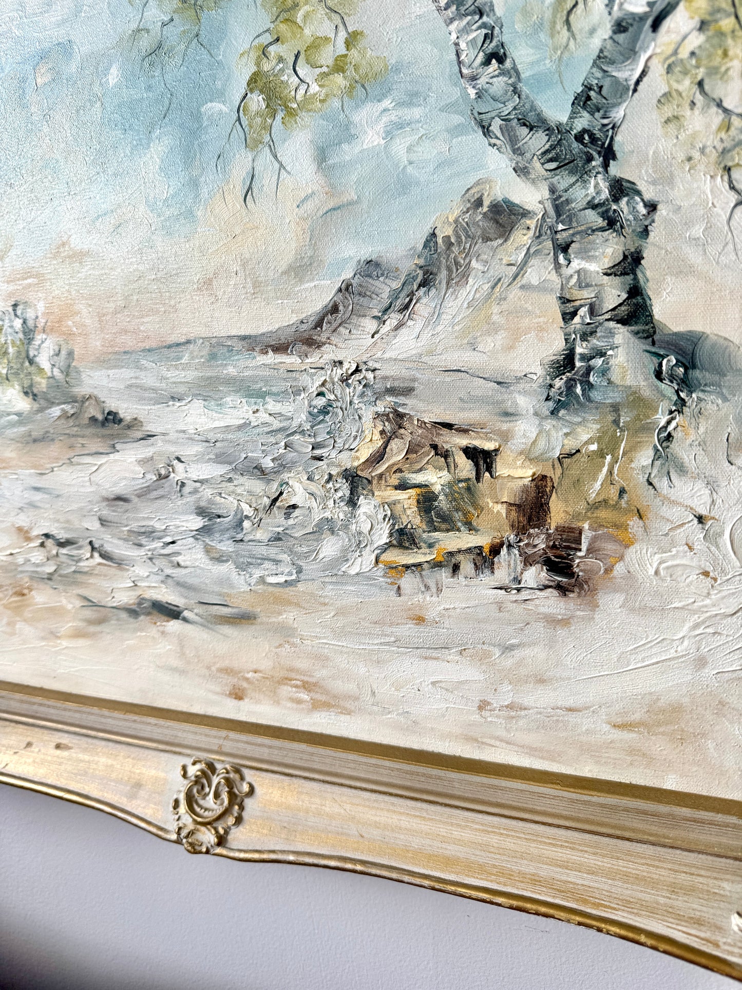 Vintage River’s Edge Oil Painting in Carved Wood Frame