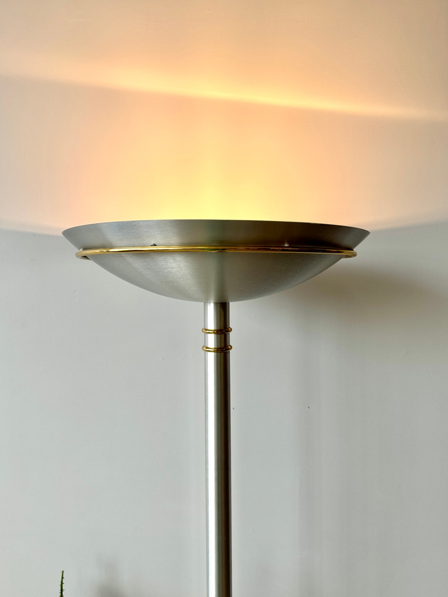 Vintage Postmodern Brushed Aluminum and Brass Torchiere Floor Lamp