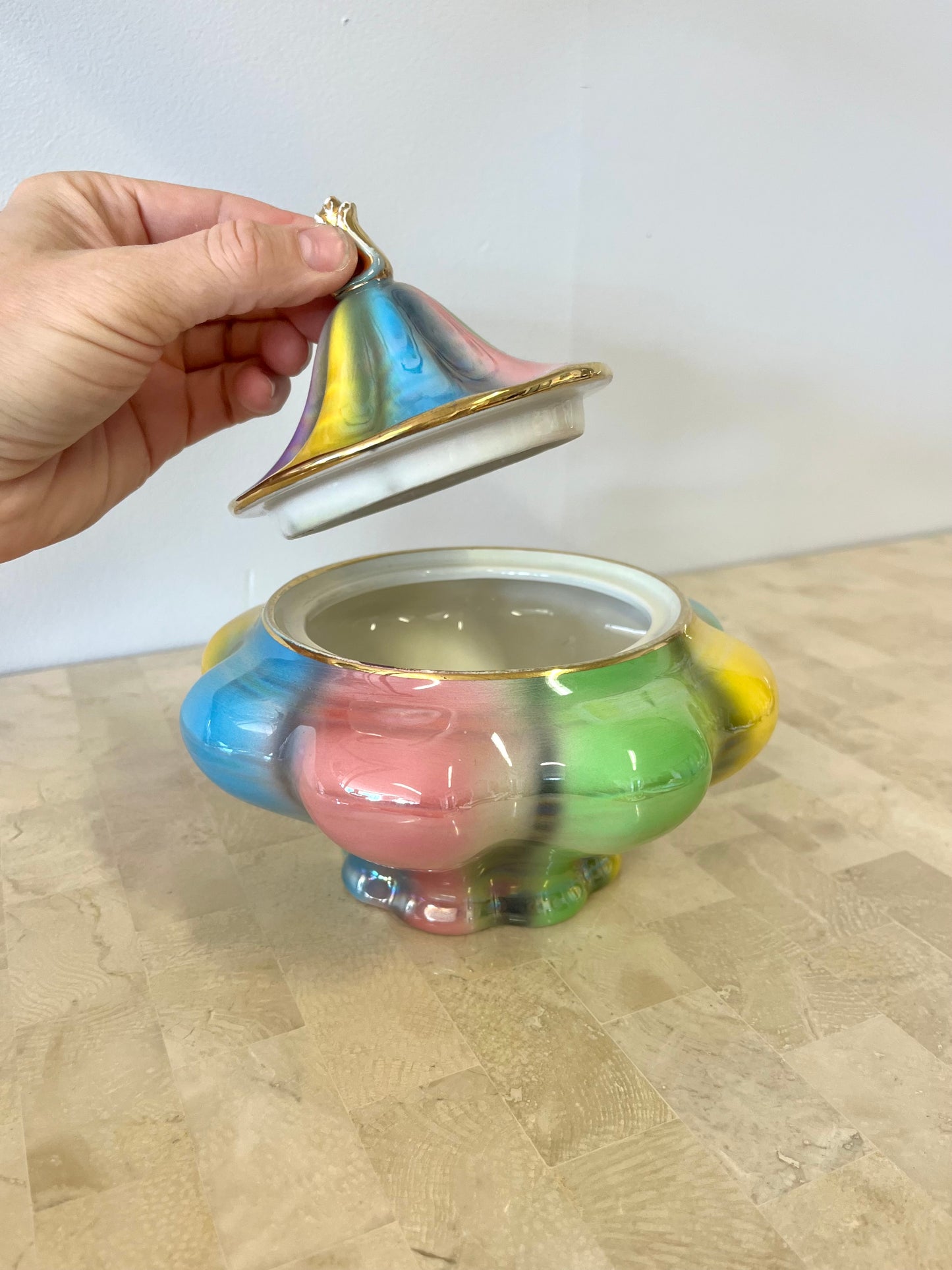 Vintage Italian Rainbow Iridescent Porcelain Candy Dish