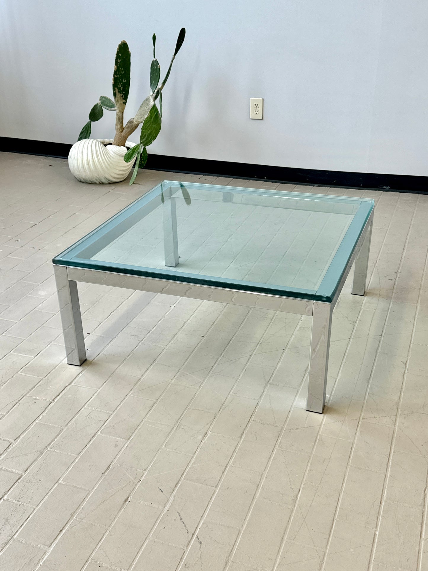 Milo Baughman Style Mid Century Chrome and Glass Coffee Table