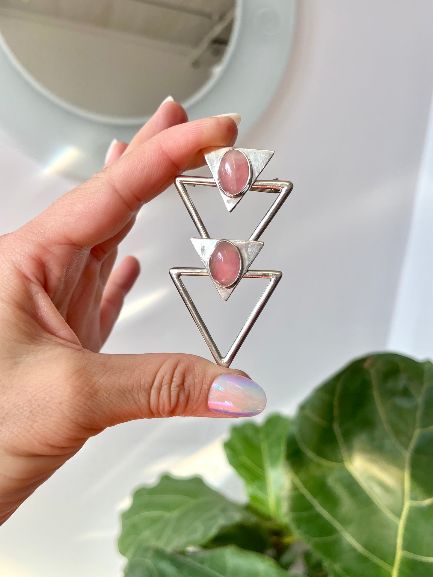 Vintage Modernist Sterling Silver and Rose Quartz Cabochon Brooch