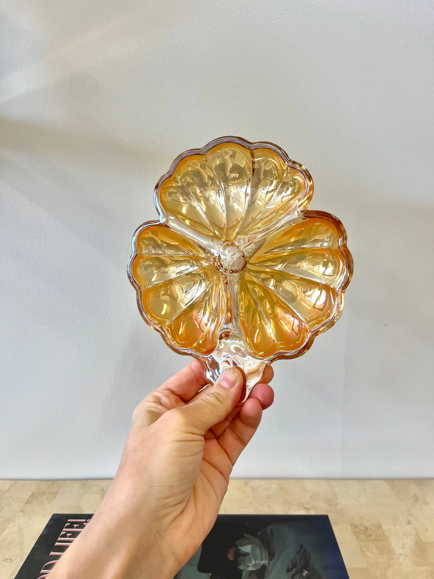 Vintage Marigold Carnival Glass Clover Trinket Dish