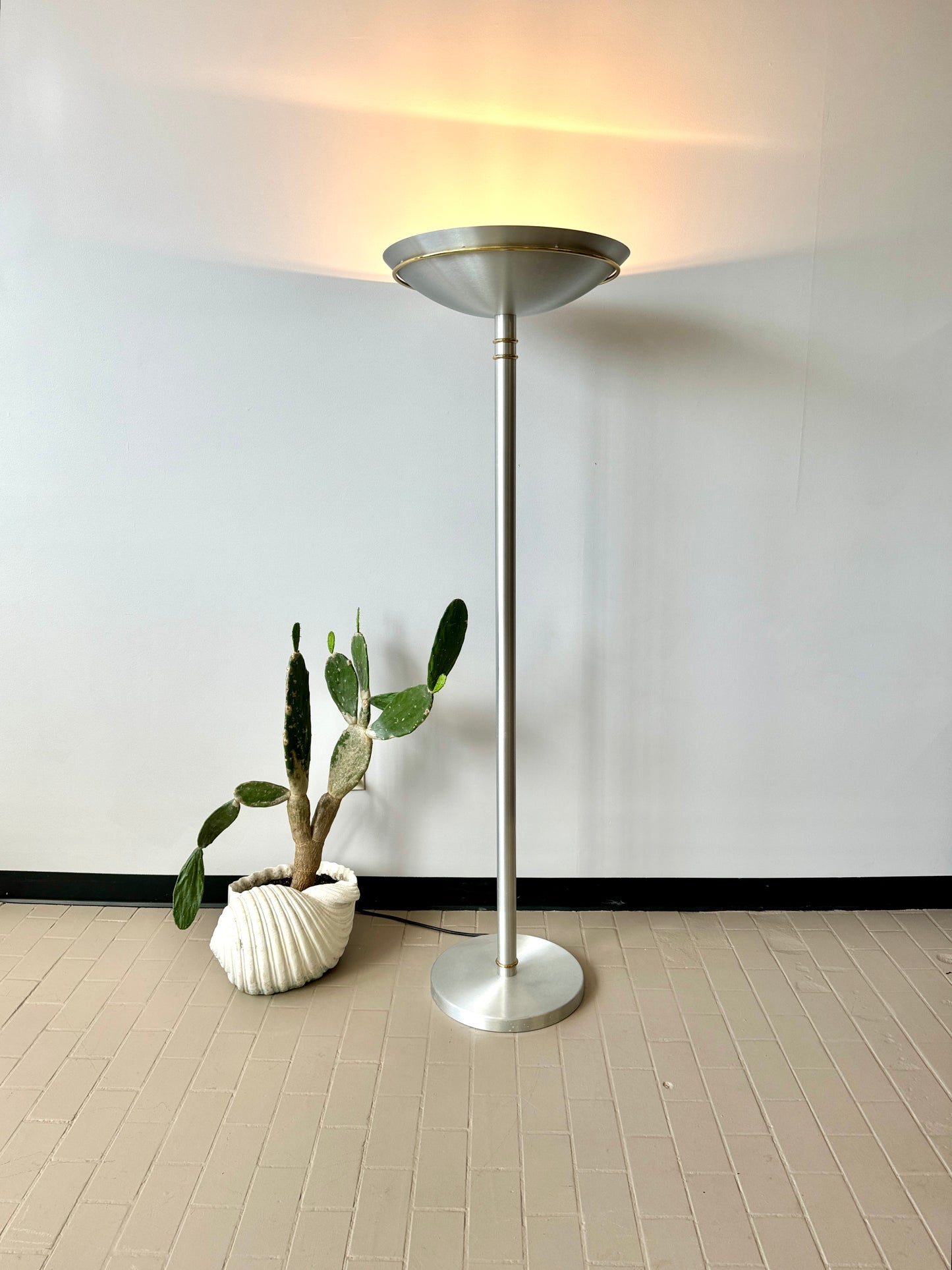 Vintage Postmodern Brushed Aluminum and Brass Torchiere Floor Lamp