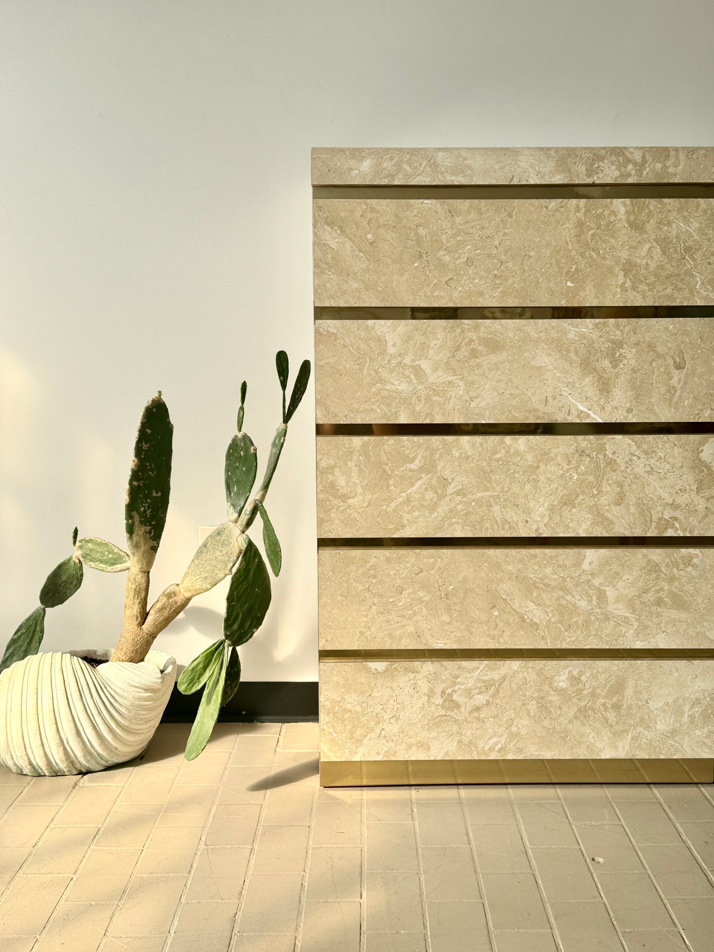 Postmodern Faux Marble Laminate & Brass Waterfall Highboy Dresser